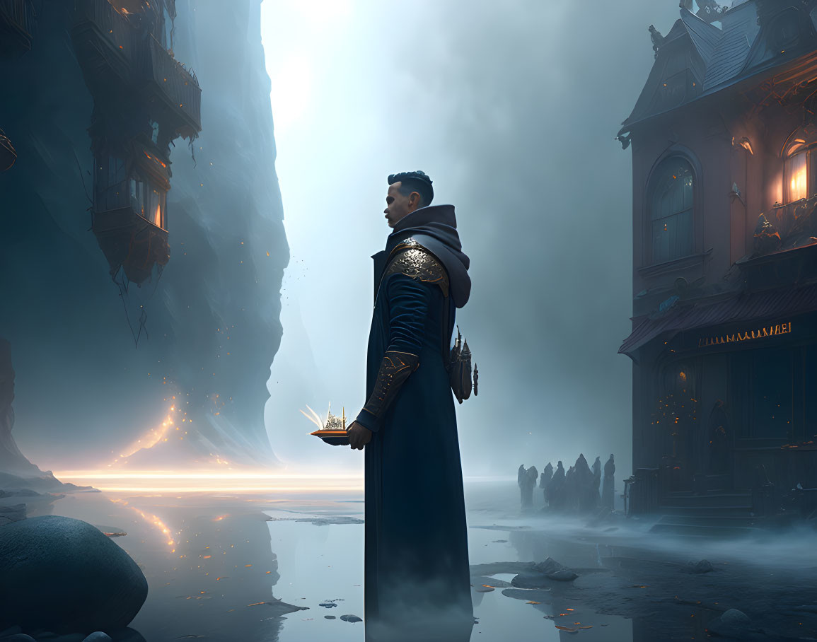 Man in misty futuristic cityscape at twilight holding glowing object with mysterious runes and buildings.