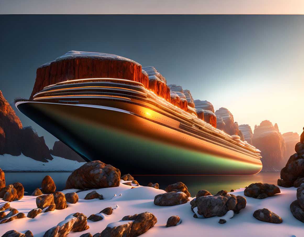 Futuristic ship stranded on snowy landscape at sunset