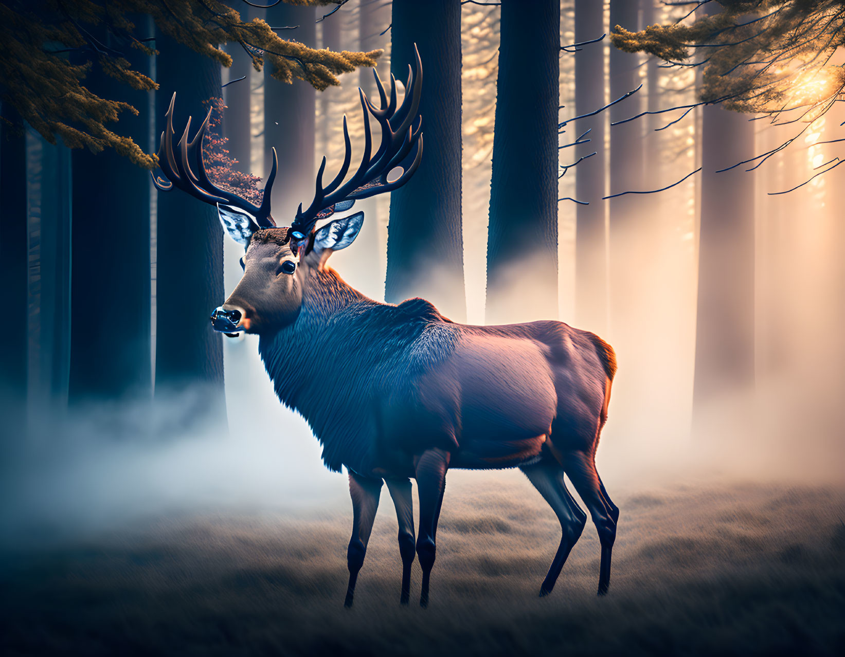 Majestic stag with large antlers in misty forest with sunlight.