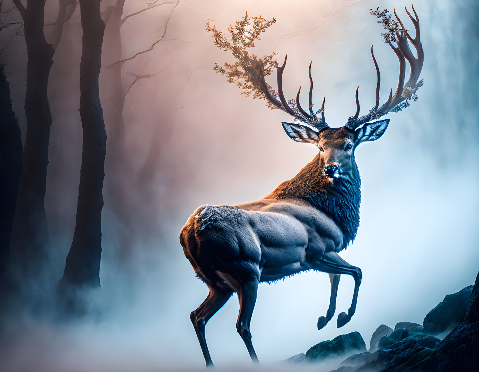 Majestic deer with luminous antlers in ethereal forest