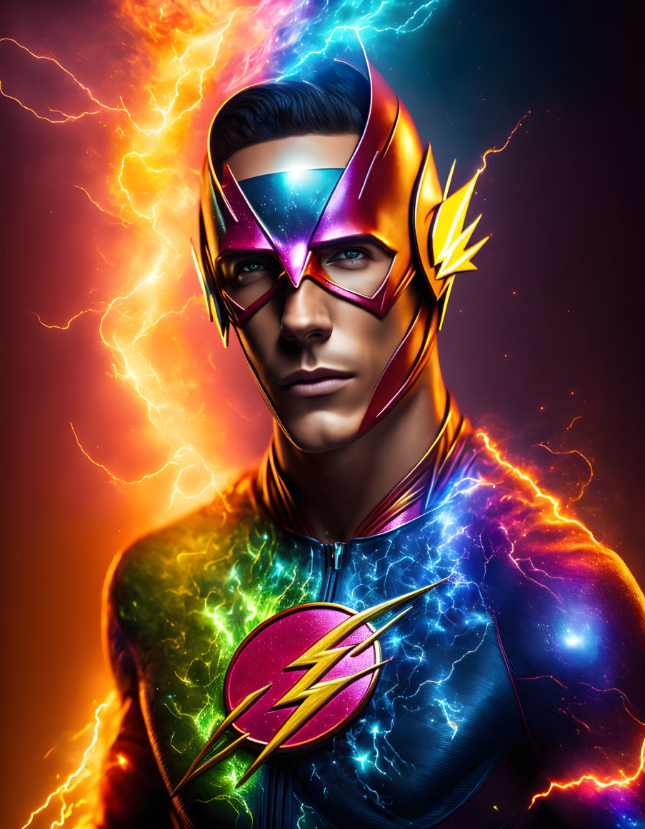 Male superhero with lightning emblem in colorful suit on fiery background