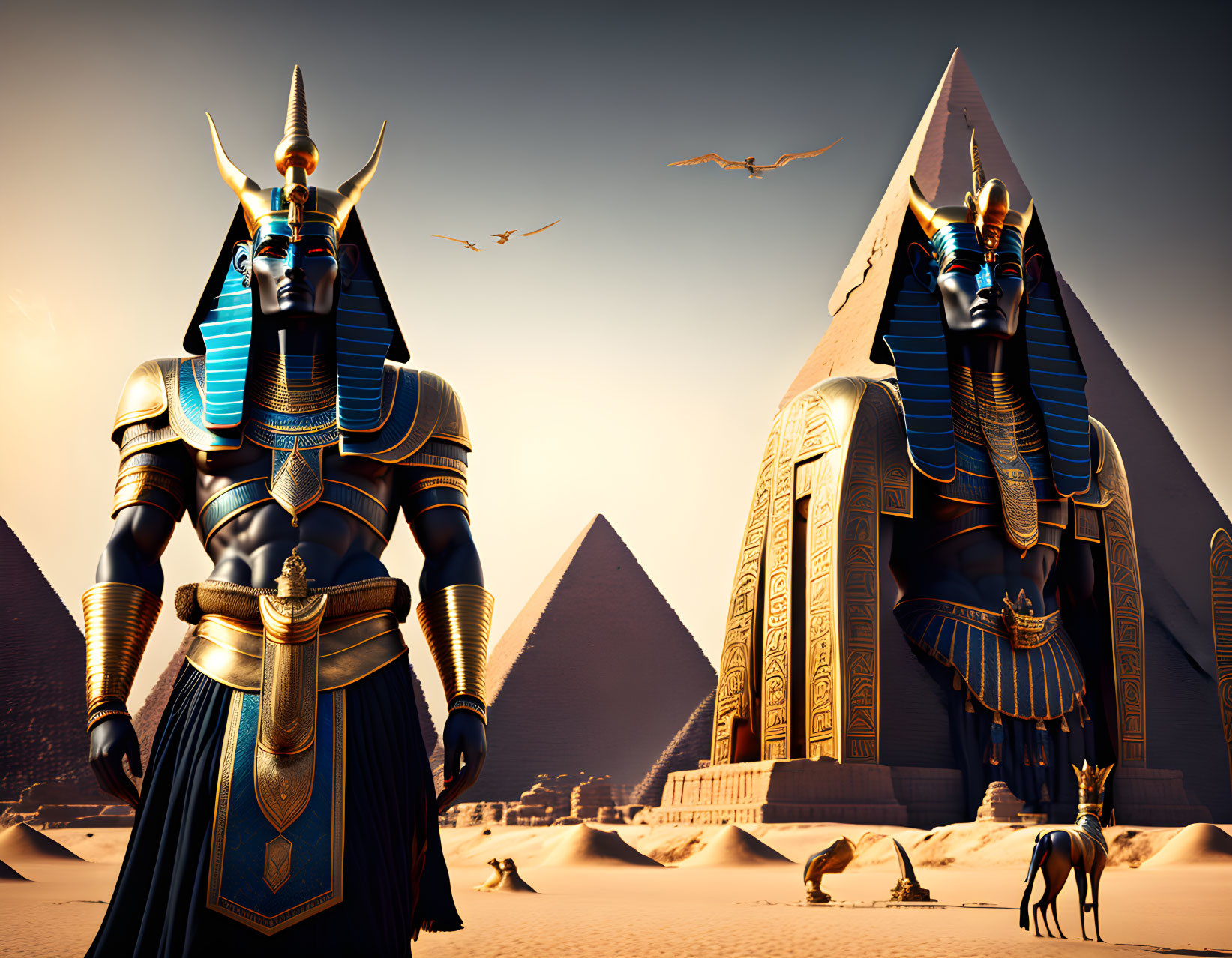 Ancient Egypt scene with pharaoh statues, pyramids, camels, and clear sky