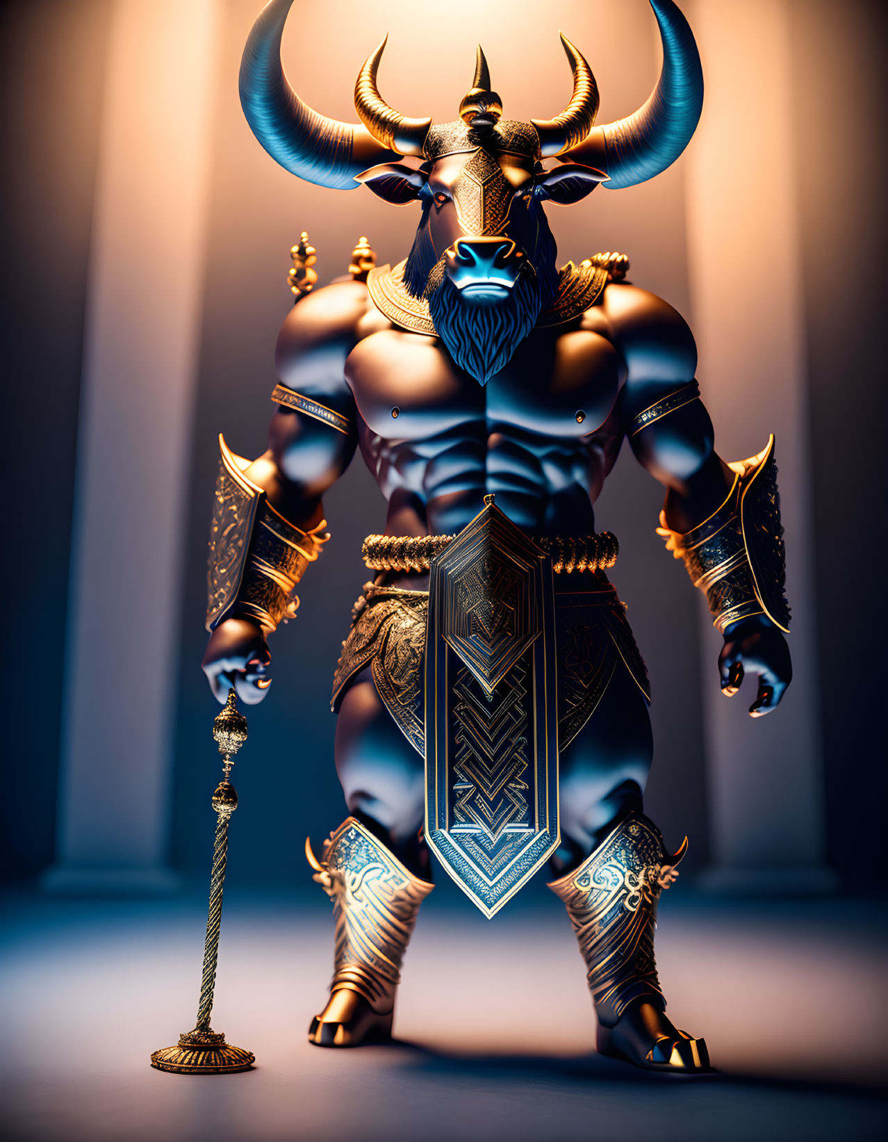 Anthropomorphic bull warrior in ornate armor with staff in dramatic lighting