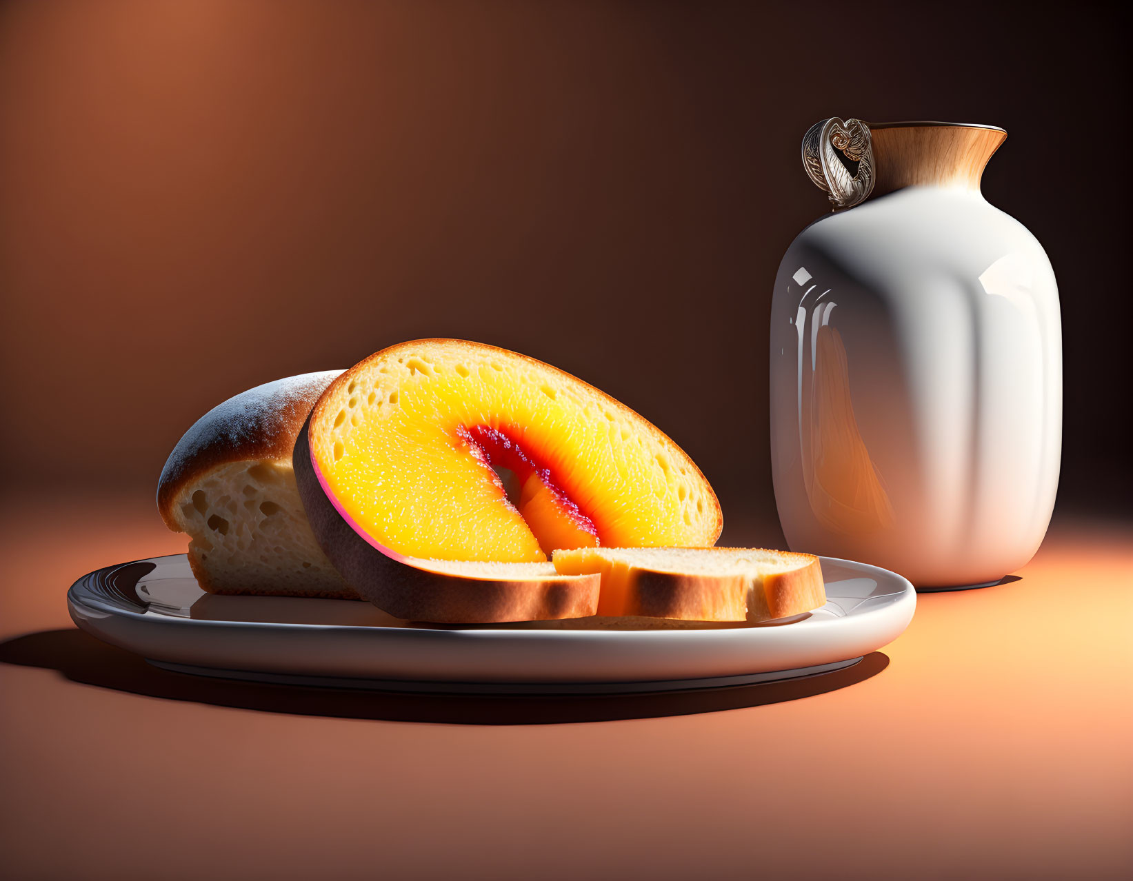 Sliced orange, toast, and ceramic jug in warm lighting