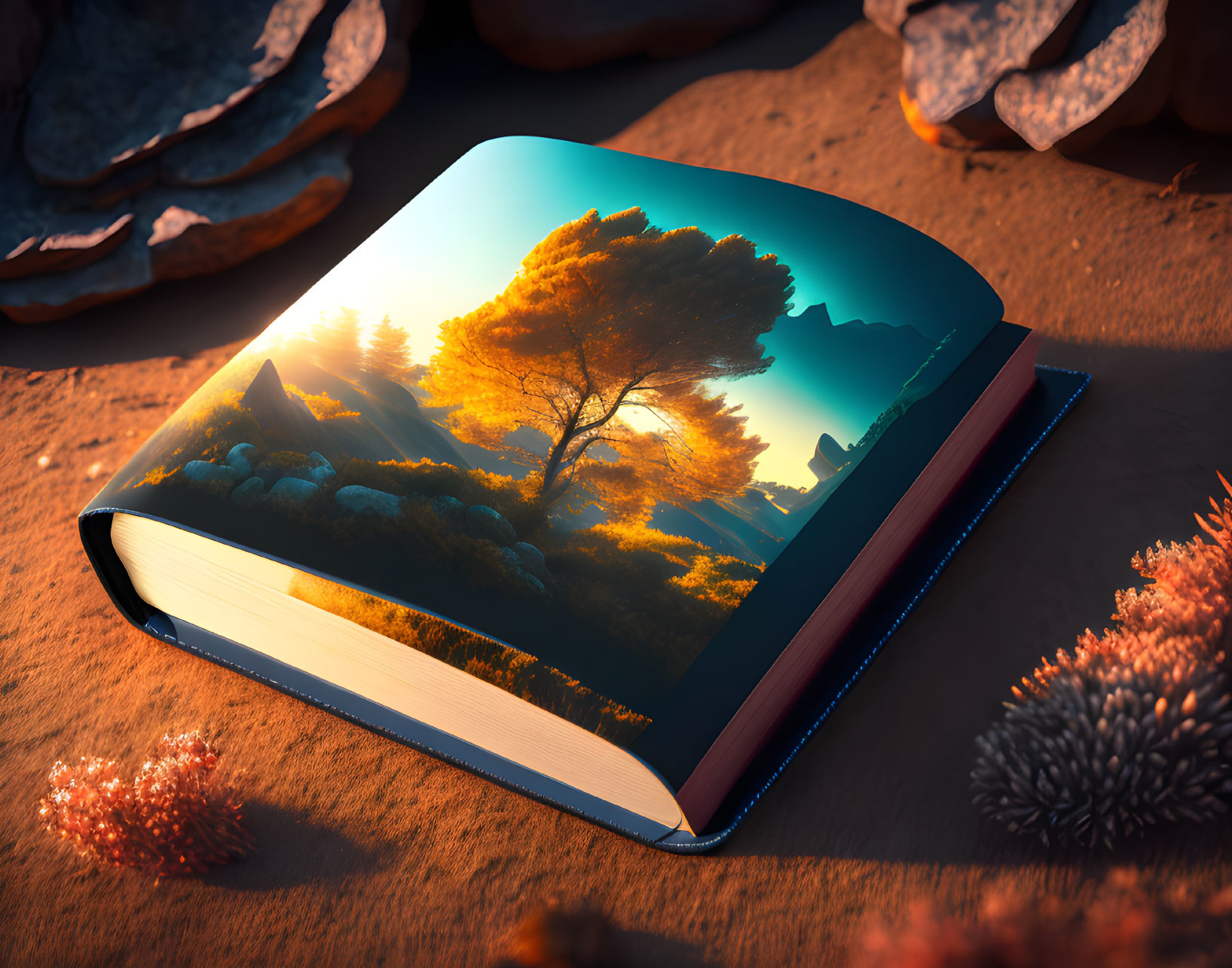 Vibrant tree at sunset on book cover with coral-like structures under warm lighting