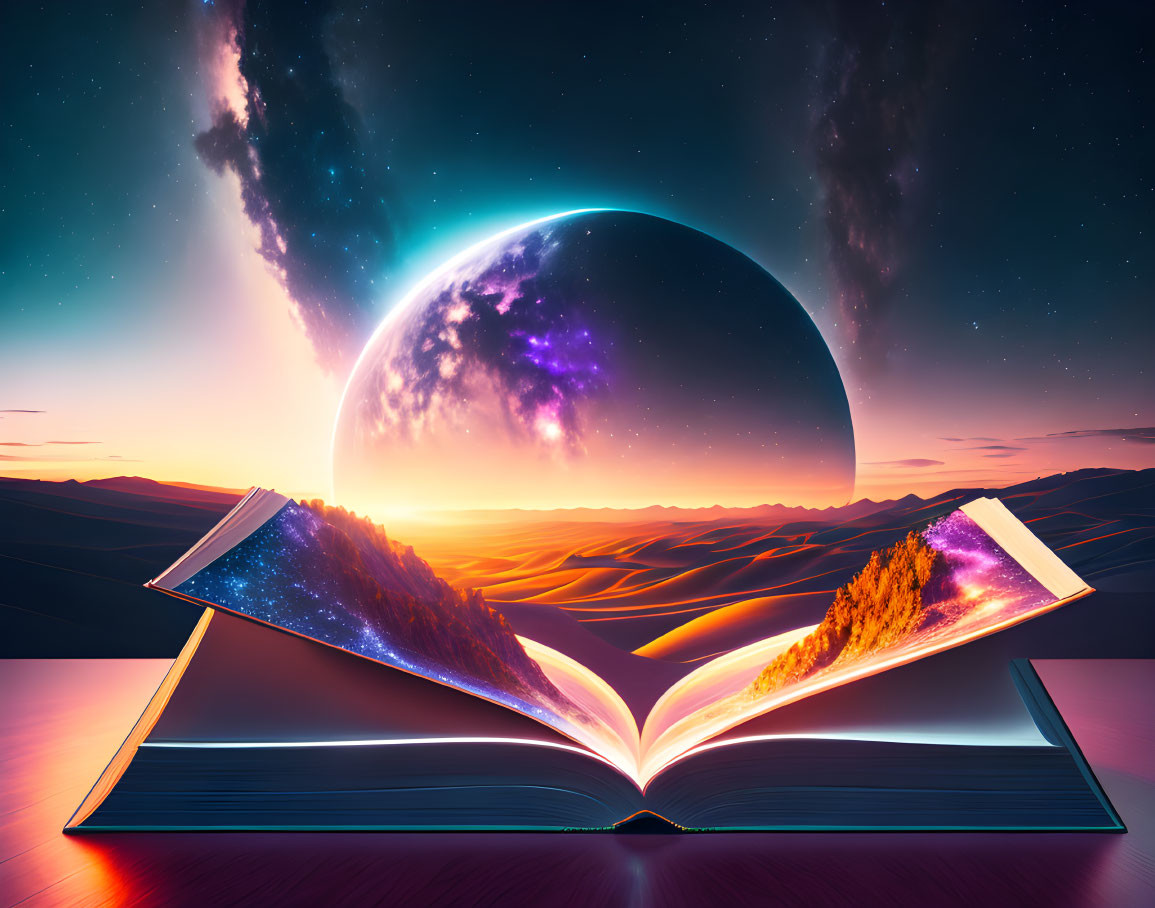 Surreal open book with landscape pages and rising planet against starry sky