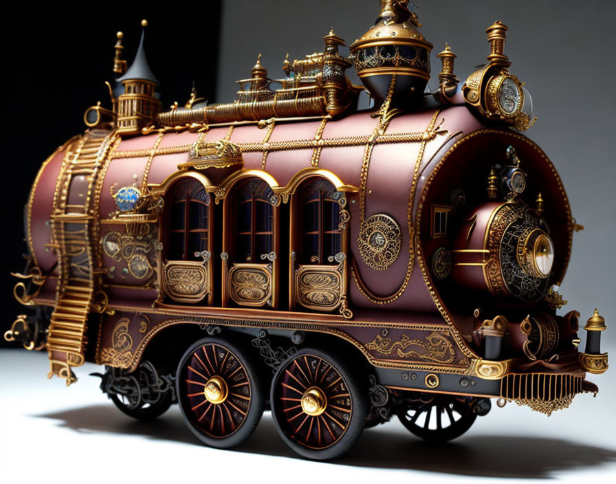 Intricate Steampunk-Style Model Train with Metallic Details