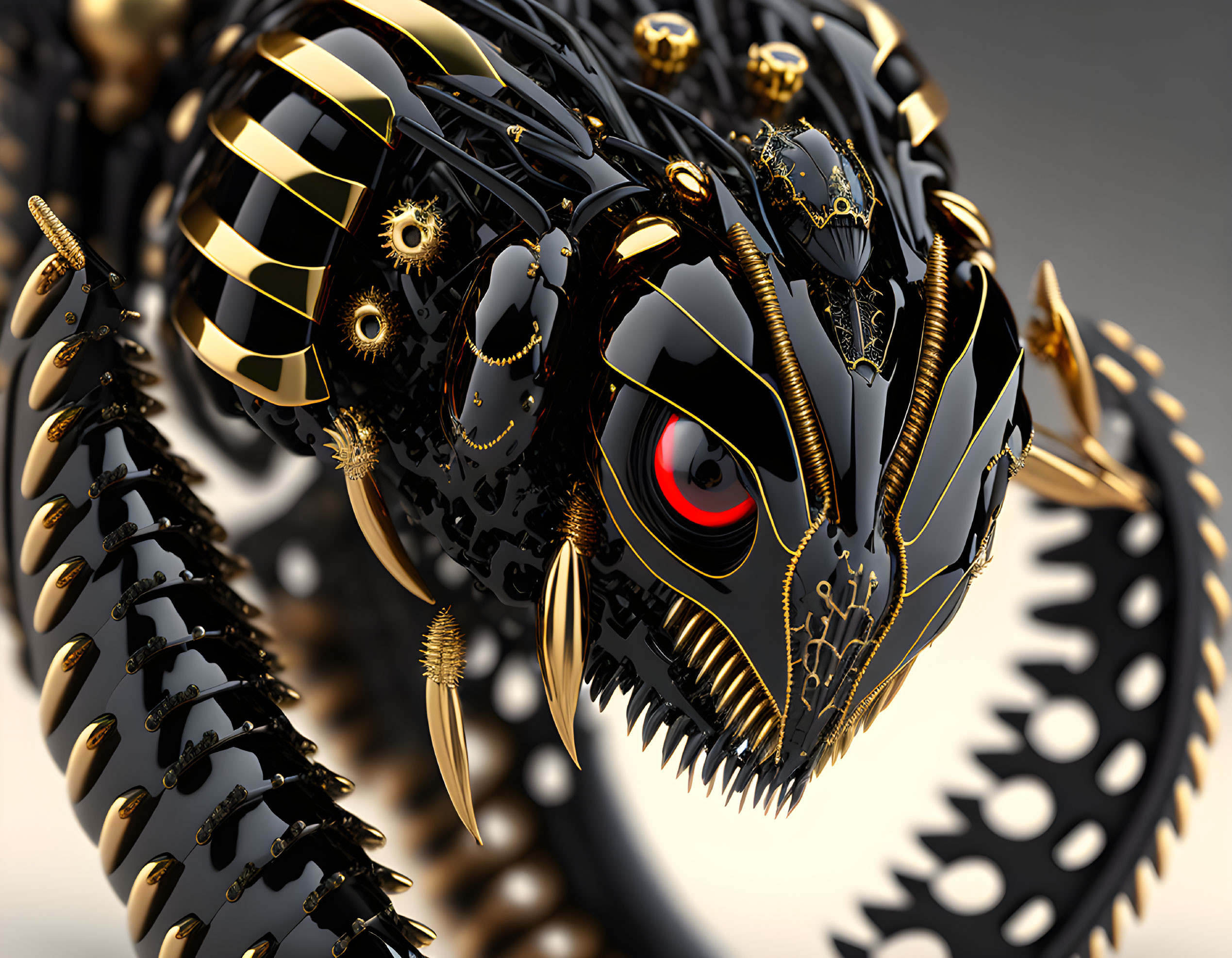 Detailed 3D illustration of shiny black mechanical dragon with gold accents