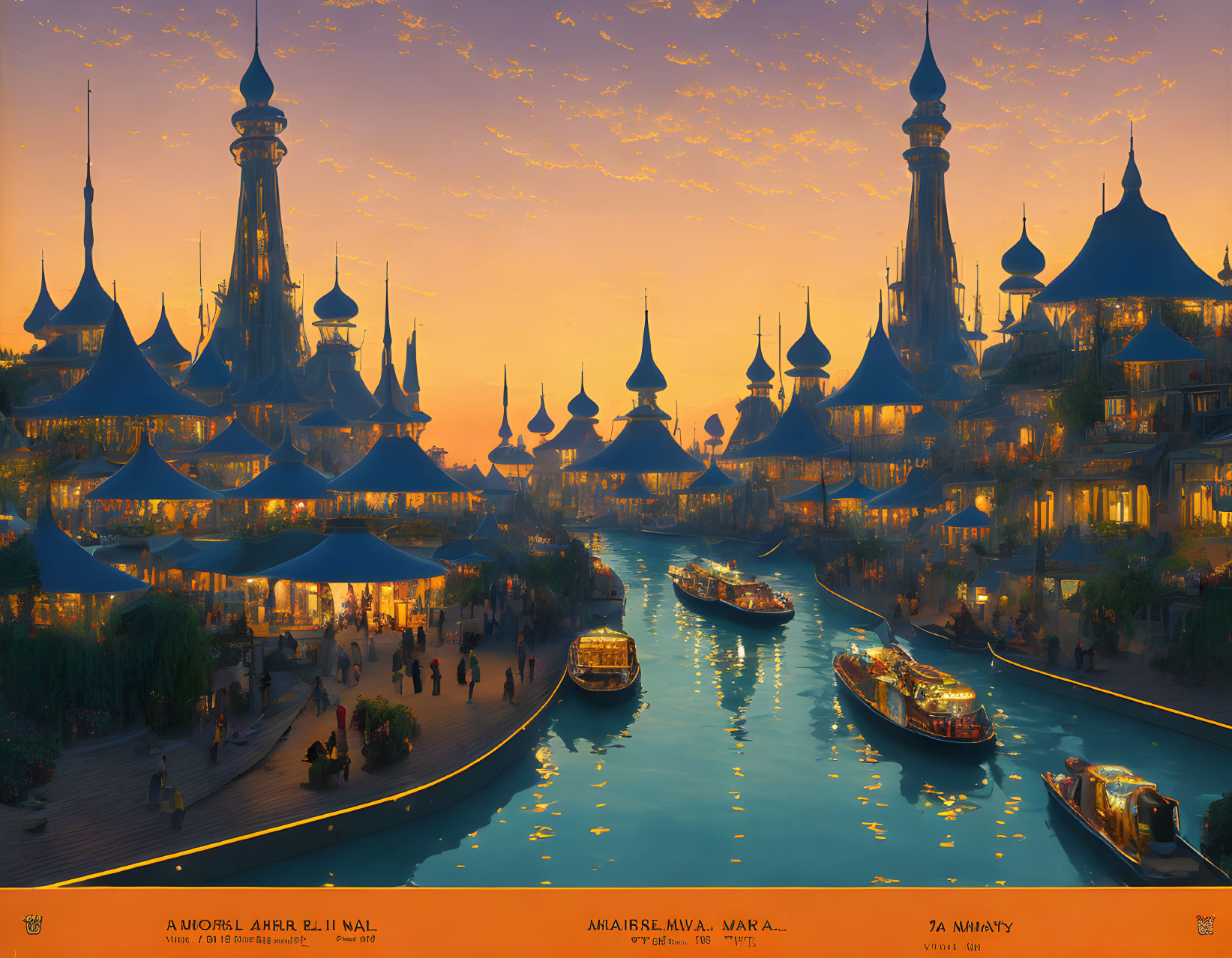 Fantastical cityscape with ornate buildings, spires, and river at night