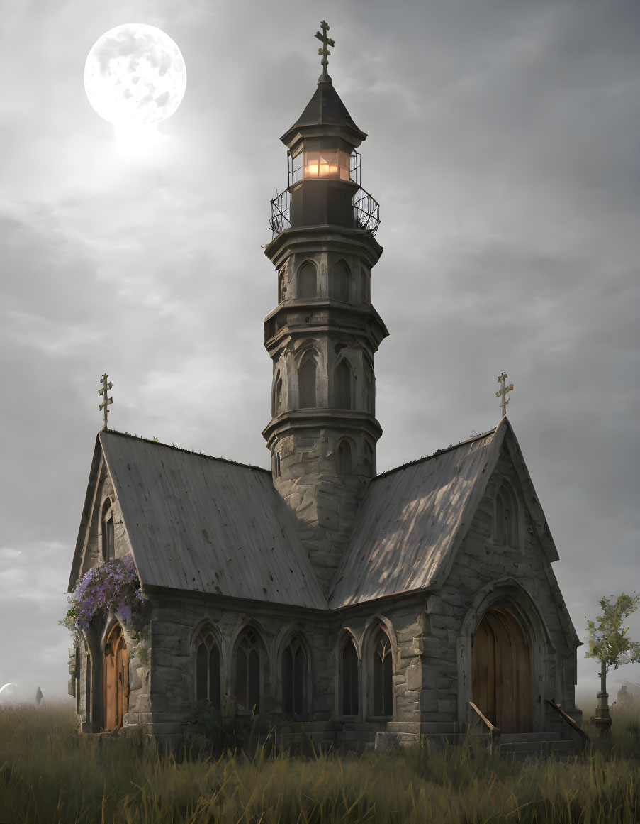 Stone church with tall steeple under moonlit sky in serene landscape