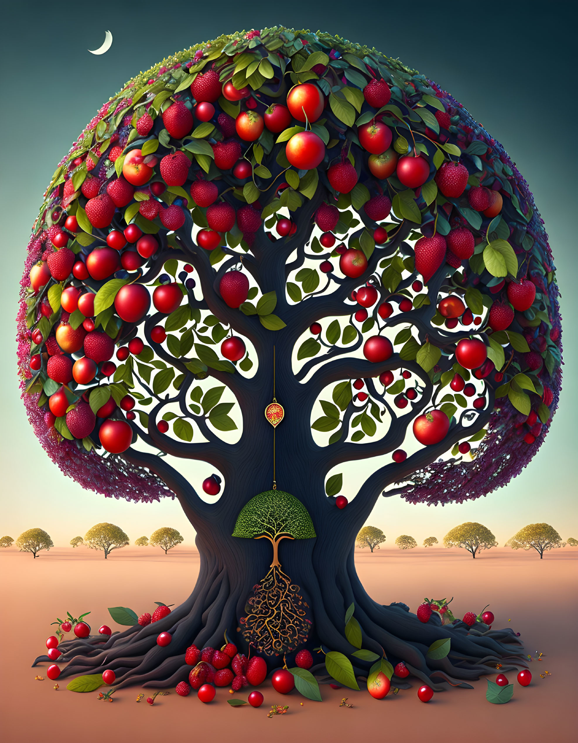 Illustration of lush tree with red apples, berries, and leaves under crescent moon