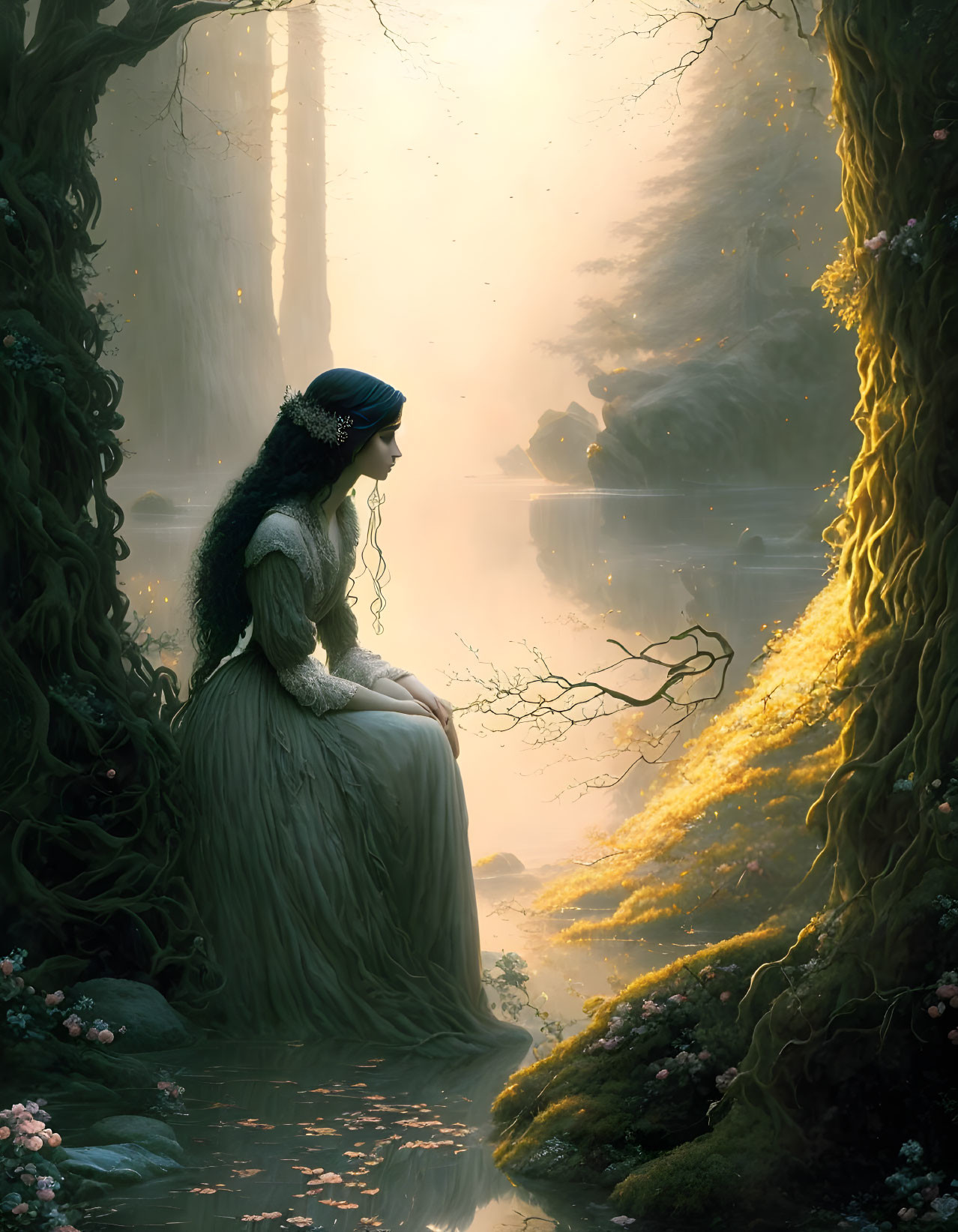 Woman in white dress by forest stream in warm sunlight