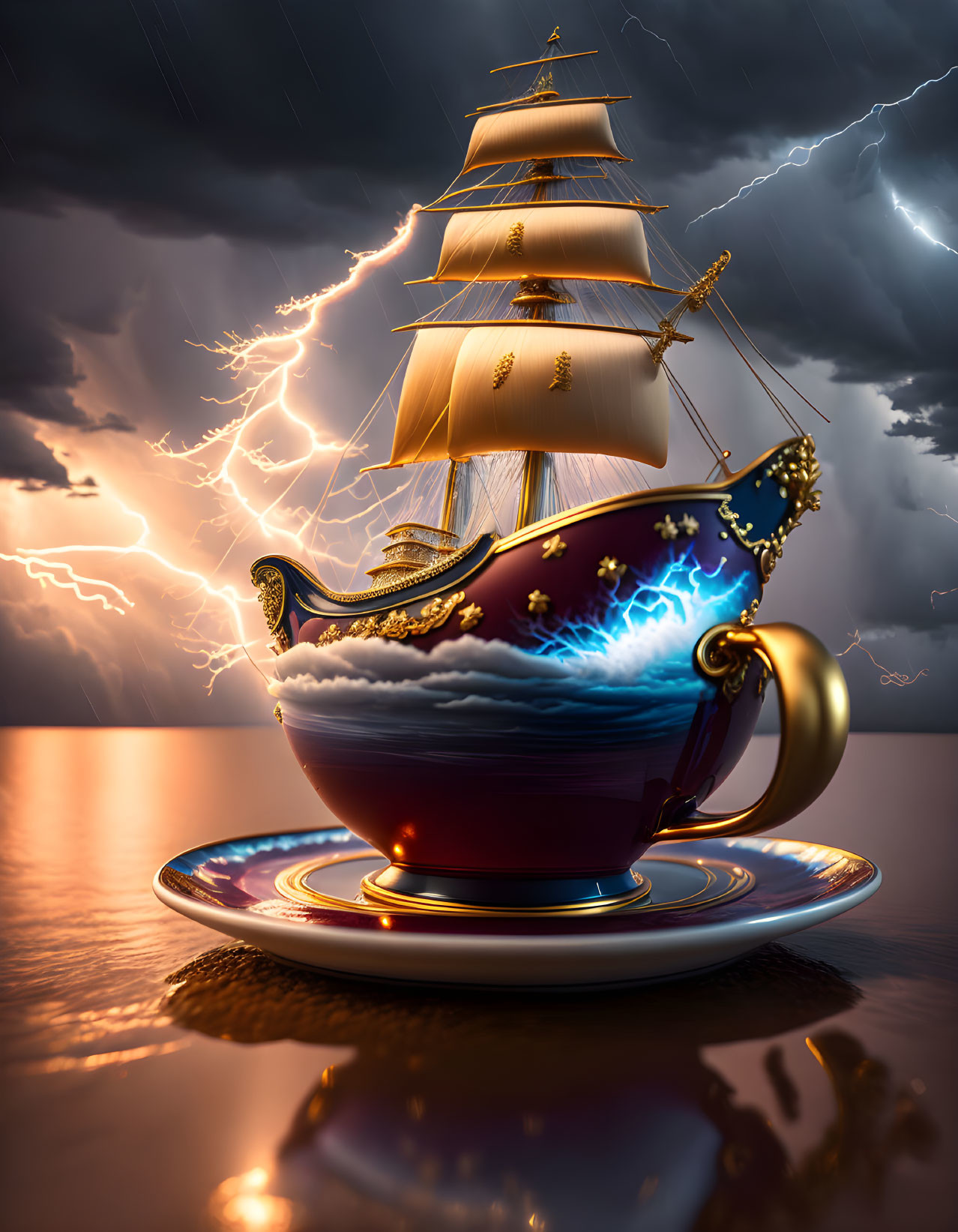 Surreal ship sailing in teacup on stormy sea