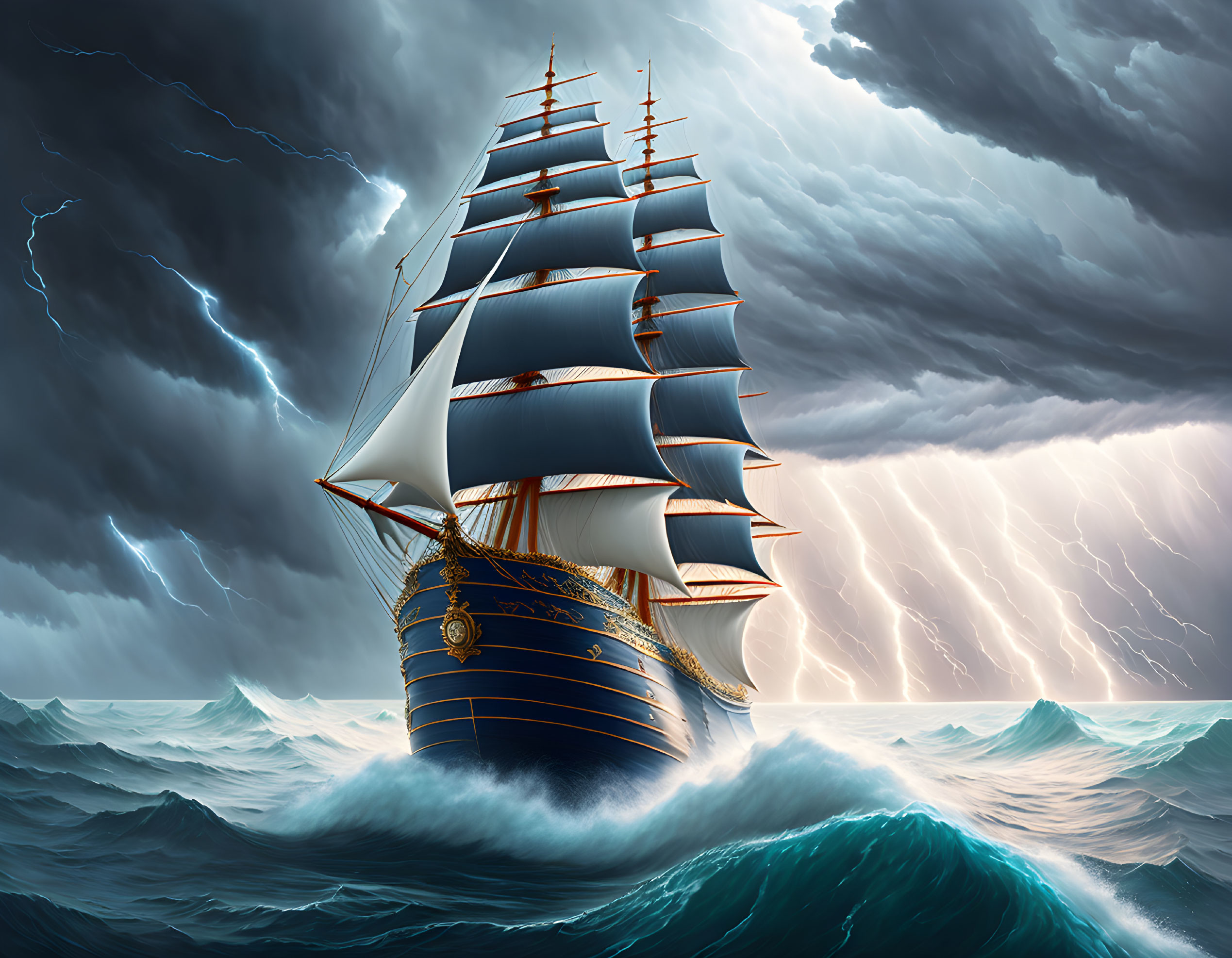 Tall ship sailing turbulent seas under stormy skies