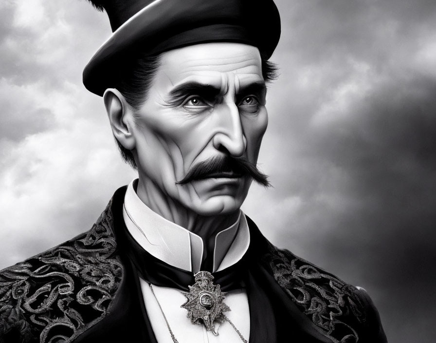 Monochromatic portrait of distinguished man in top hat and Victorian attire