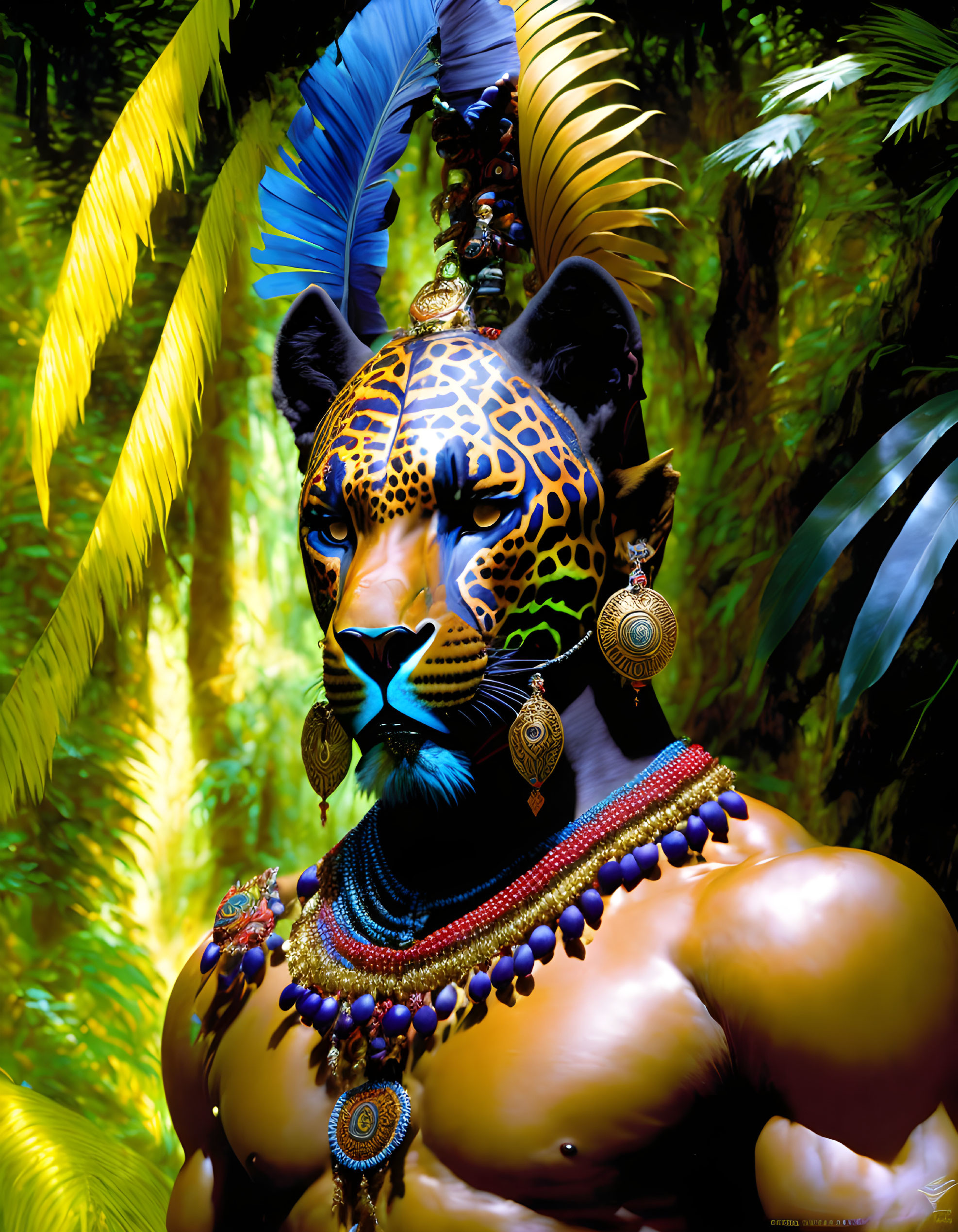 Jaguar-headed humanoid in tribal attire amidst lush green foliage