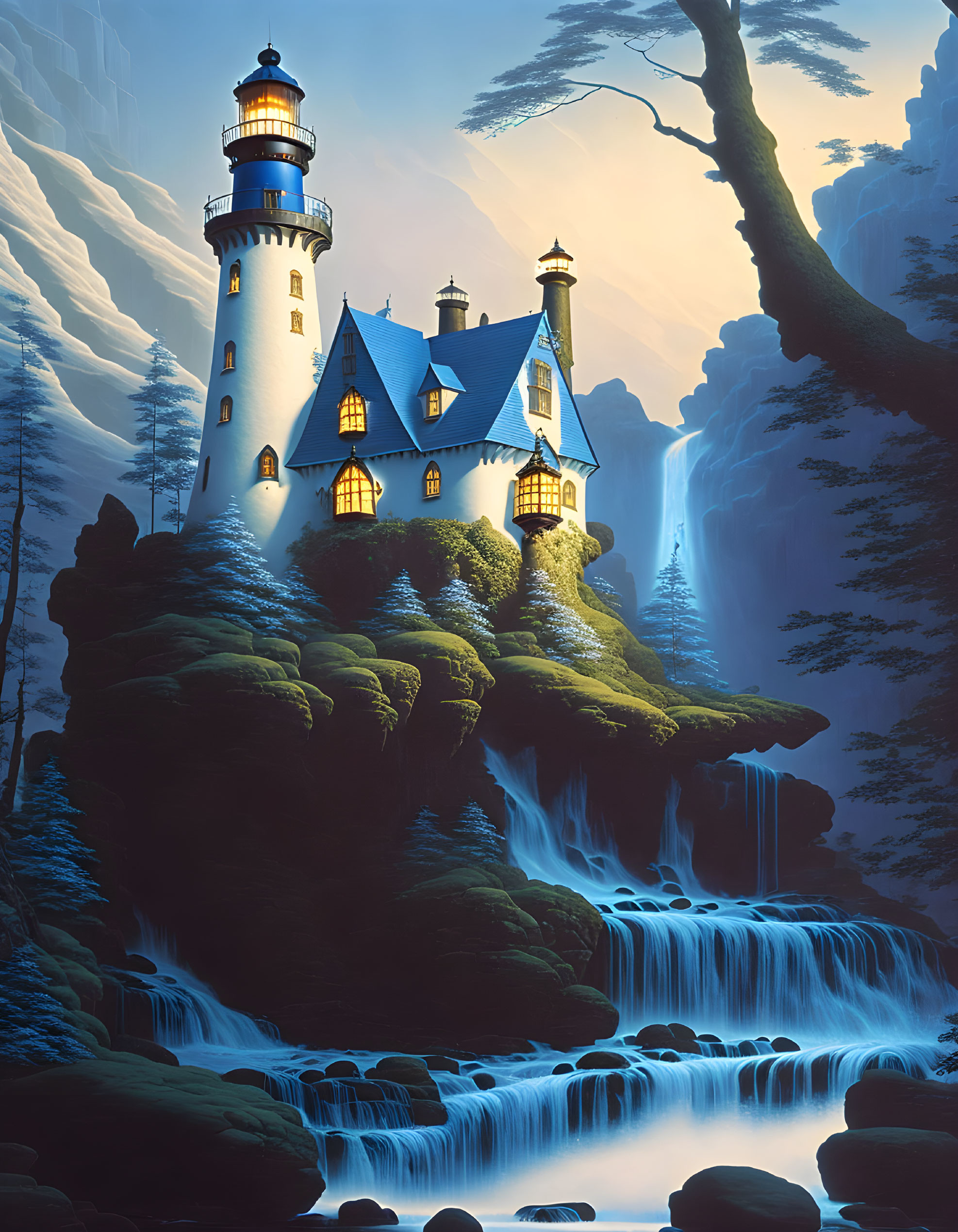 Fantasy castle with lighthouse on waterfall in mountain landscape