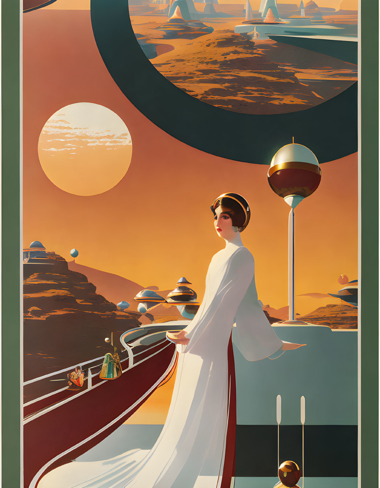 Retro-futuristic woman on balcony with alien landscape view