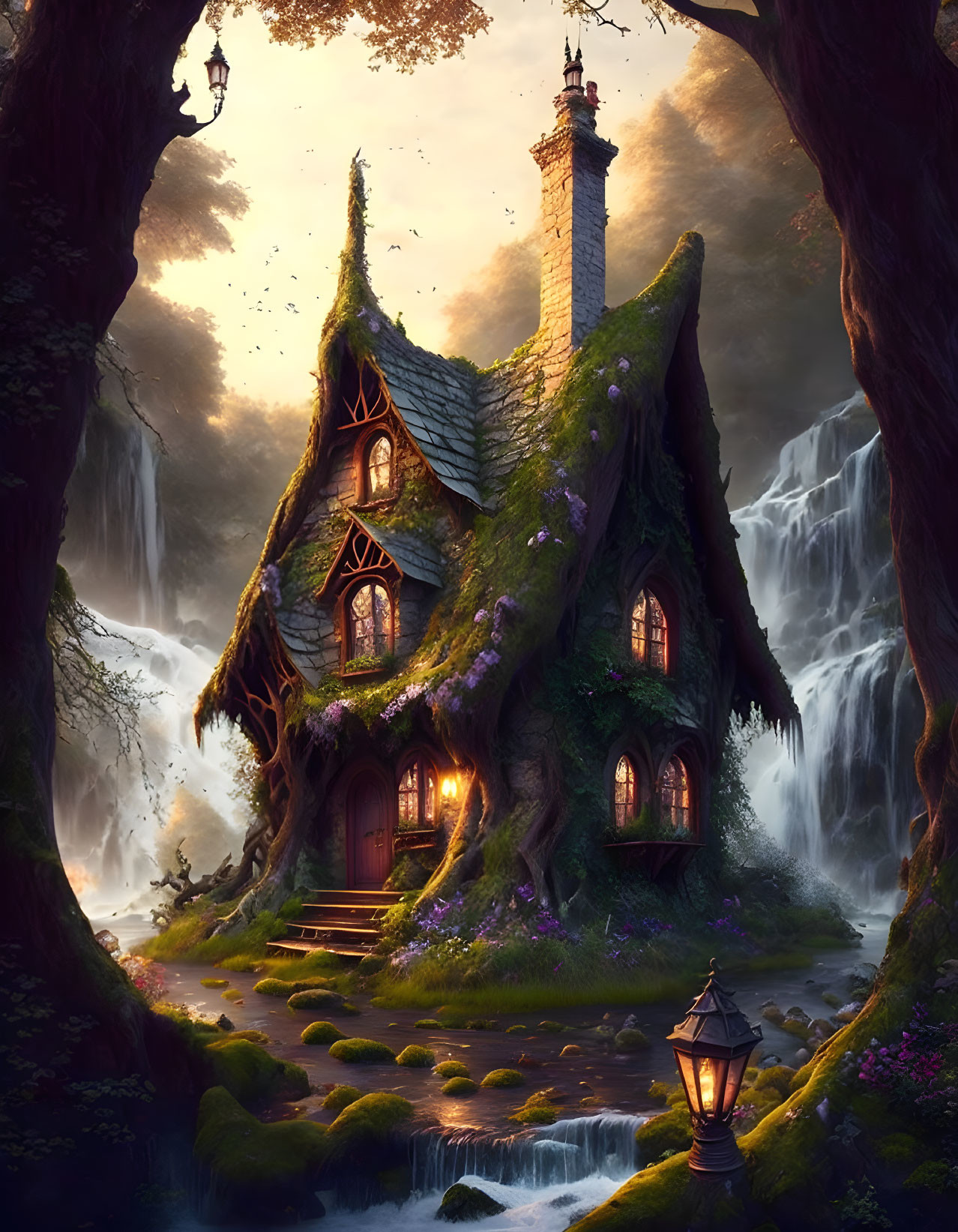 Cozy cottage in enchanted forest with moss-covered roof and glowing lantern at twilight