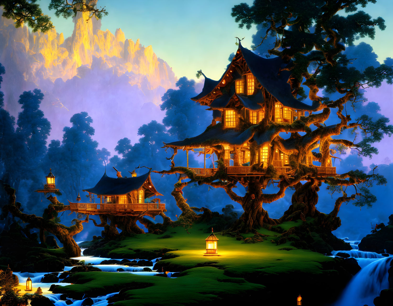 Multi-tiered treehouse in twilight landscape with waterfalls and lanterns