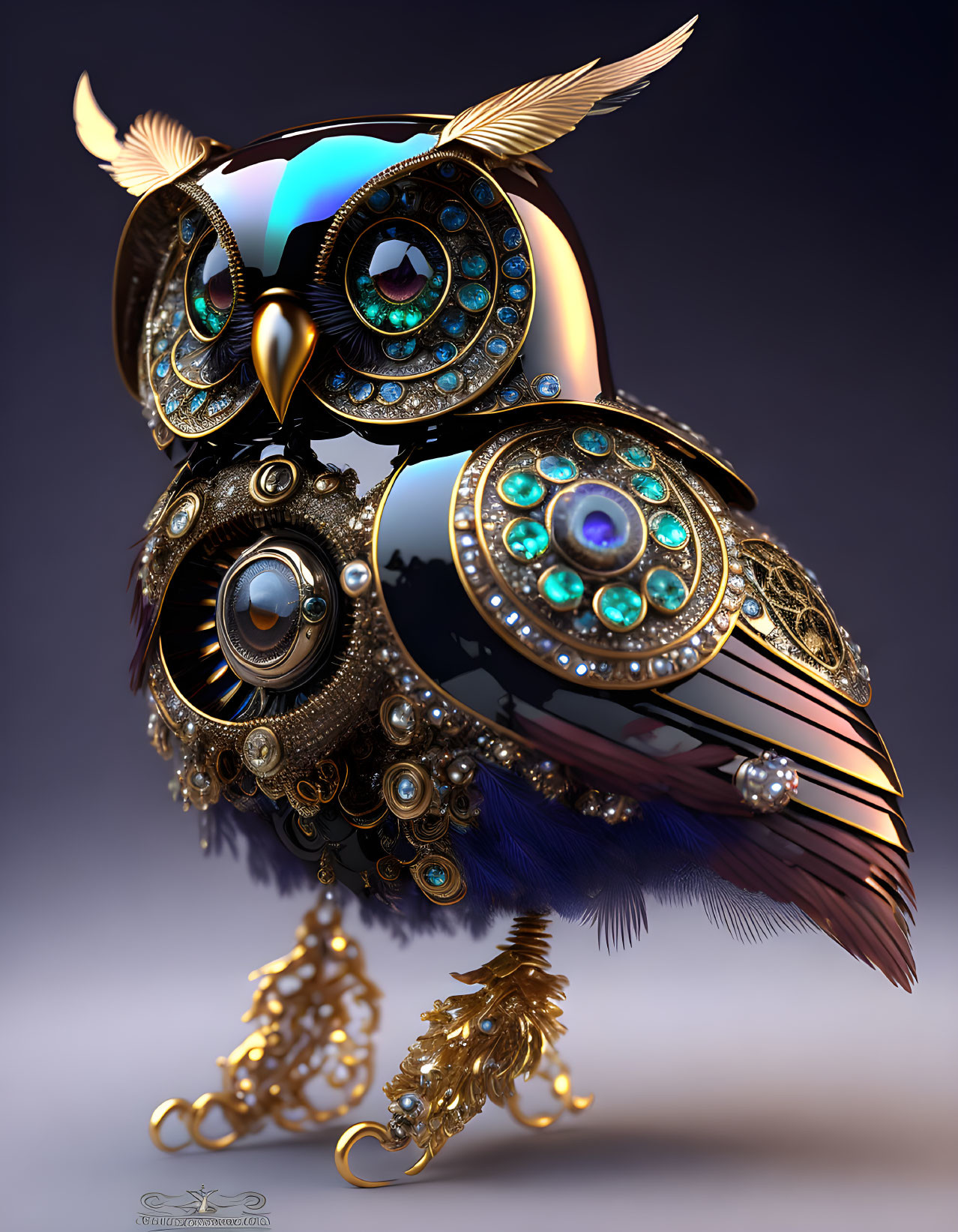 Steampunk owl with metallic and jeweled details on purple background