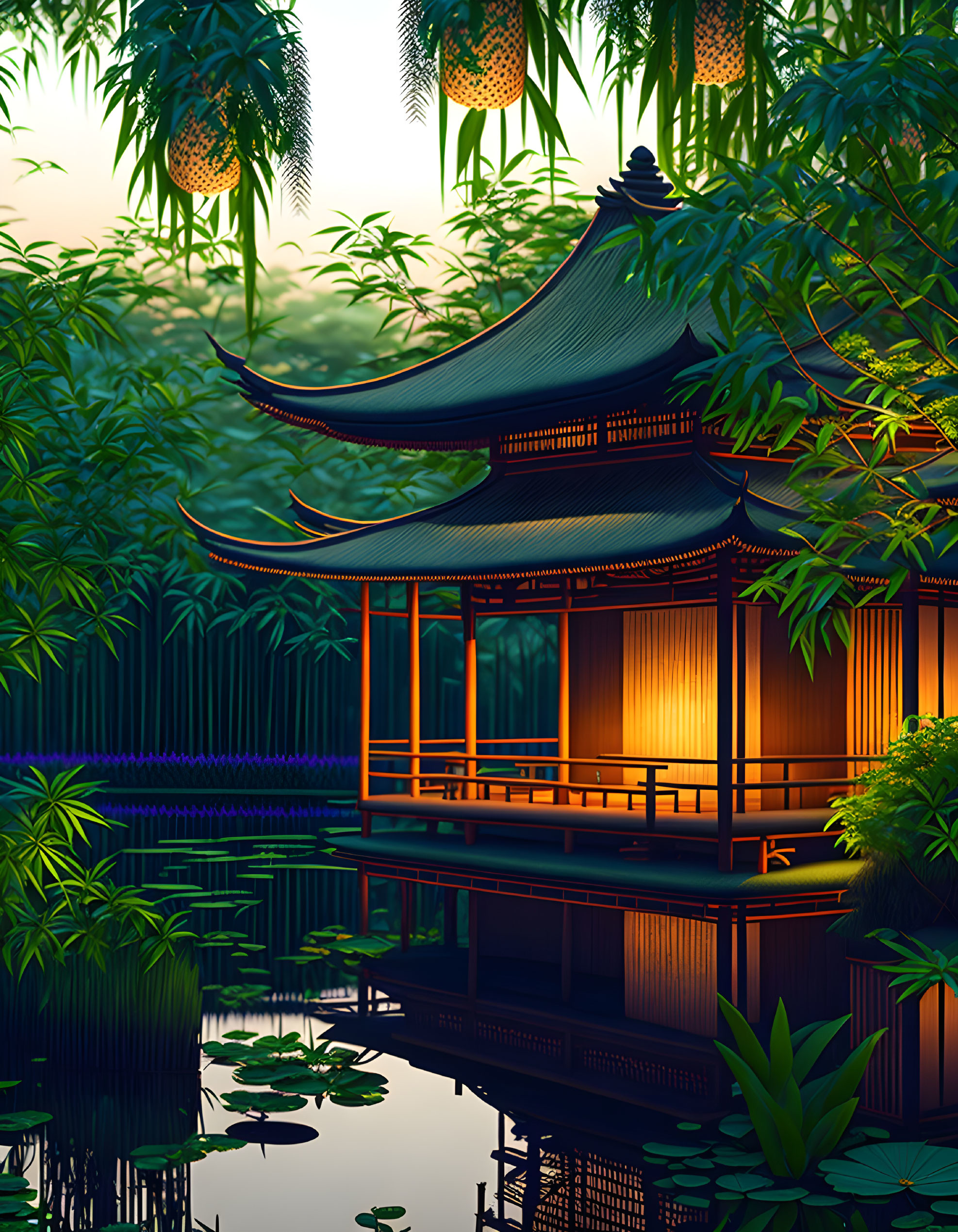 Traditional Japanese Pavilion by Calm Pond and Bamboo Forest