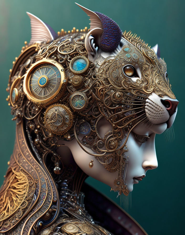 Steampunk-inspired digital art of female figure with mechanical cat head