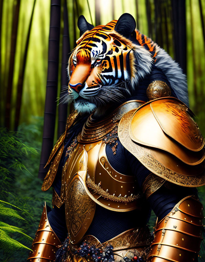 Anthropomorphic tiger in golden armor amid bamboo forest