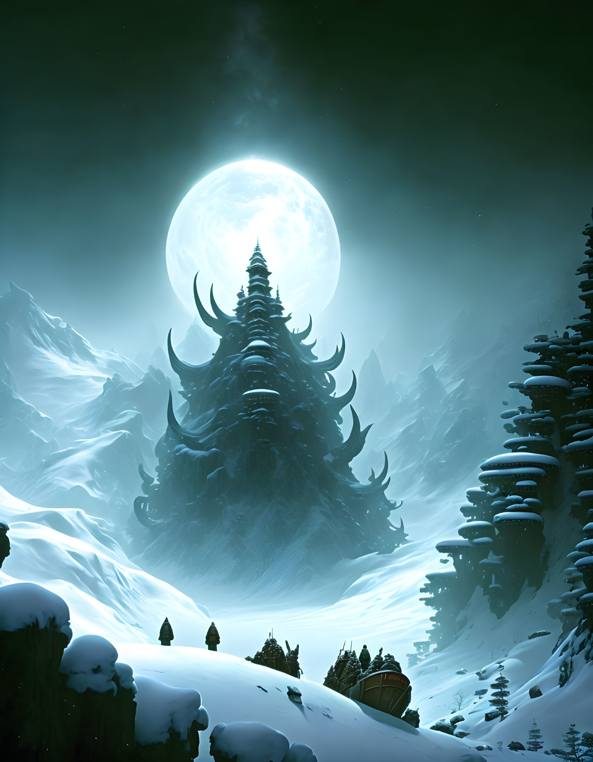 Snowy Night Landscape: Towering Spiral Tree, Full Moon, Mountains