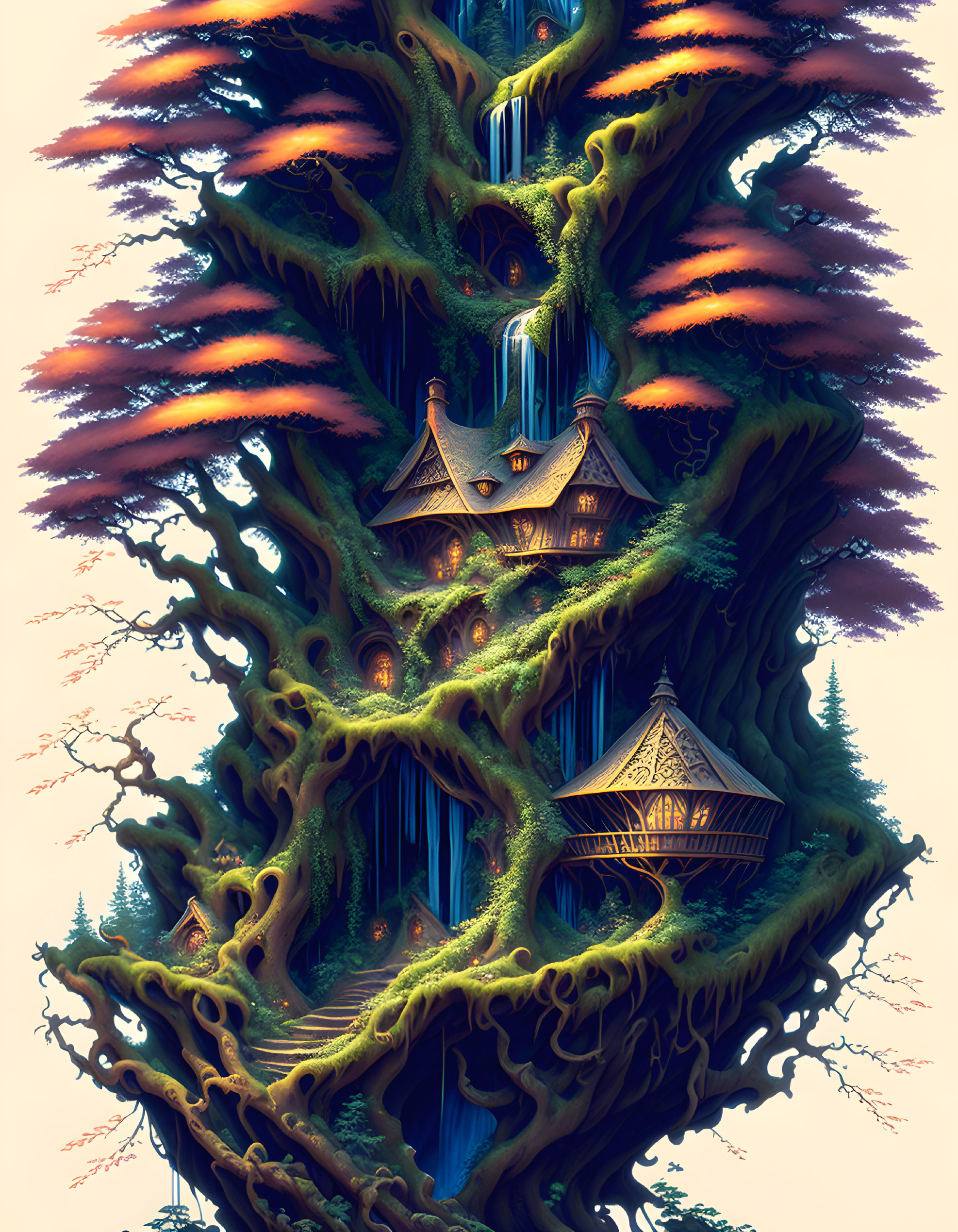 Whimsical tree illustration with waterfall, houses, and twilight sky