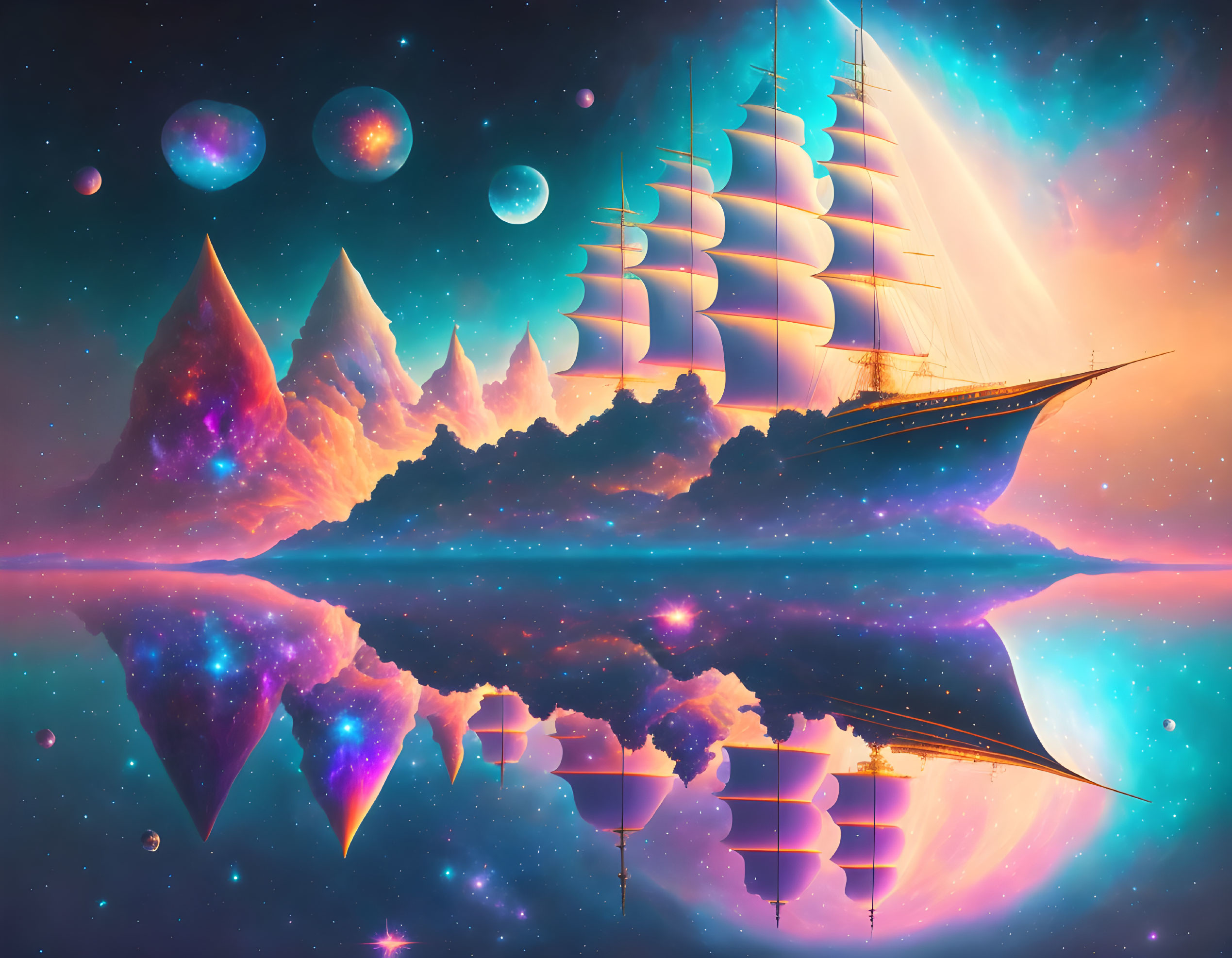 Fantastical sailing ship in surreal cosmic landscape