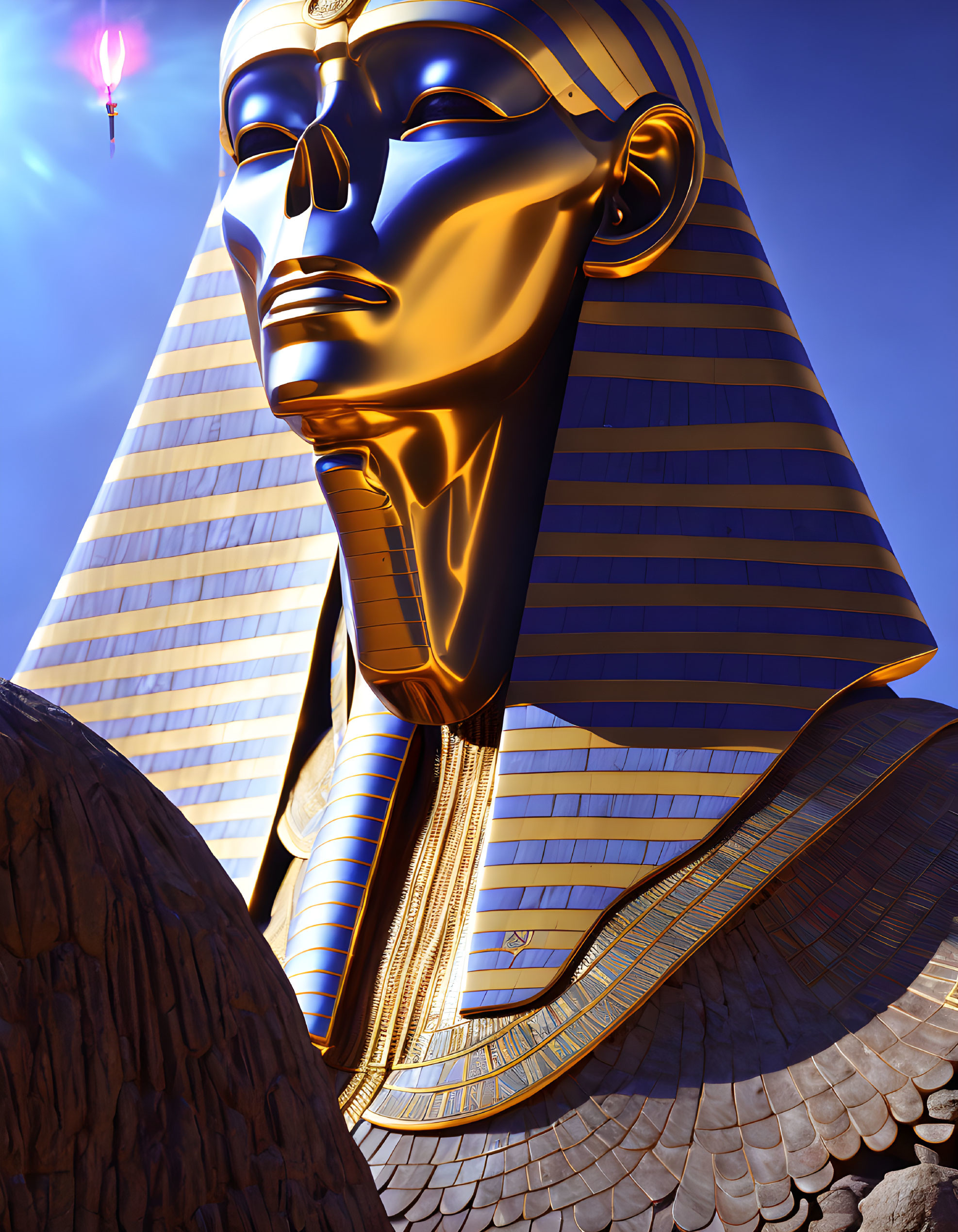 Colossal golden Pharaoh statue with blue and gold headdress in digital art