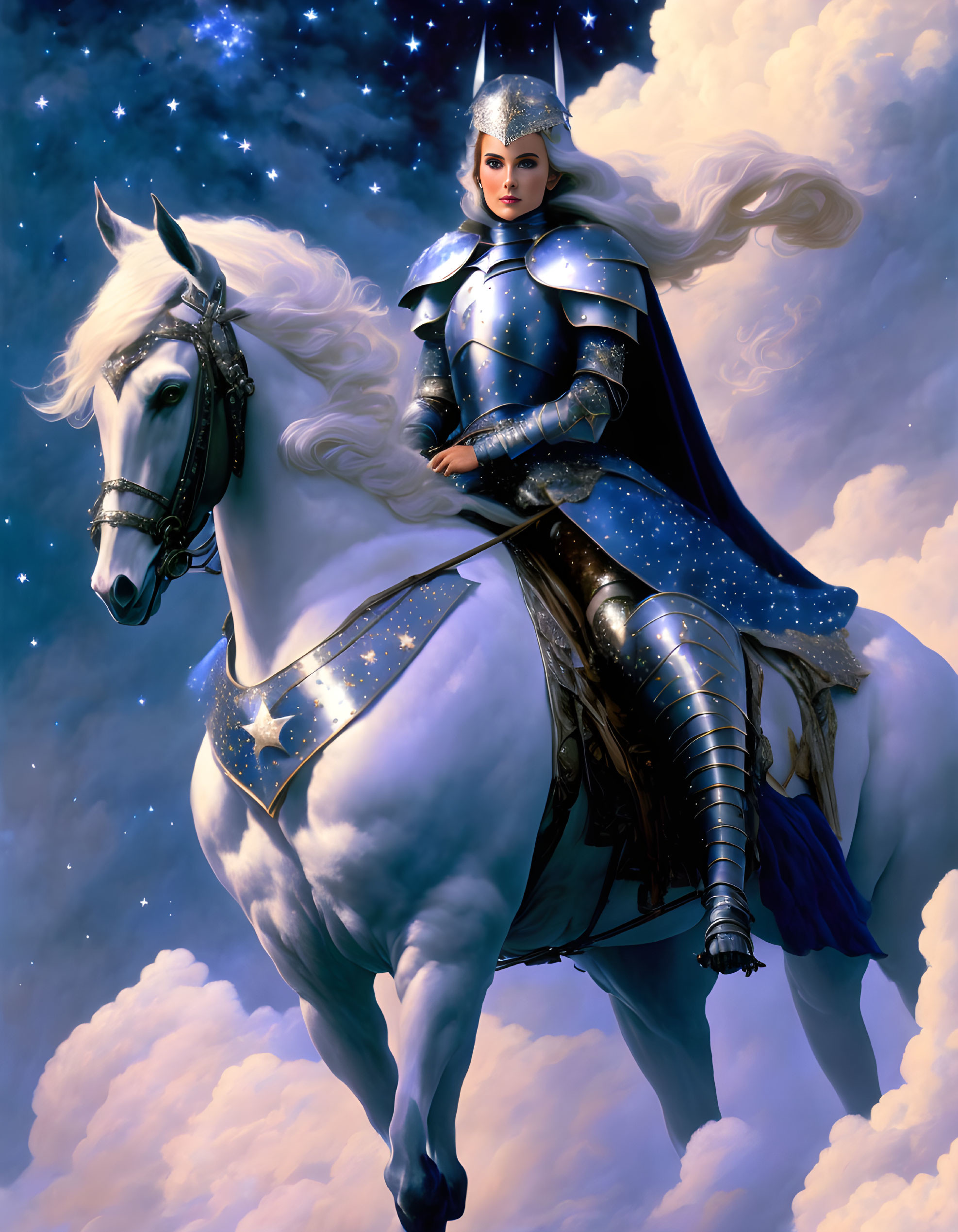 Starry knight on white horse in cosmic setting