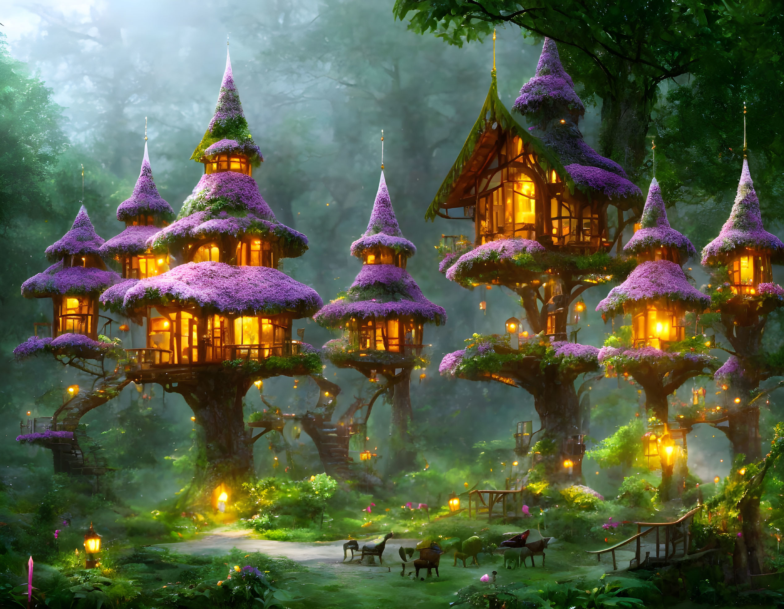 Whimsical treehouses in enchanted forest with purple foliage and deer grazing