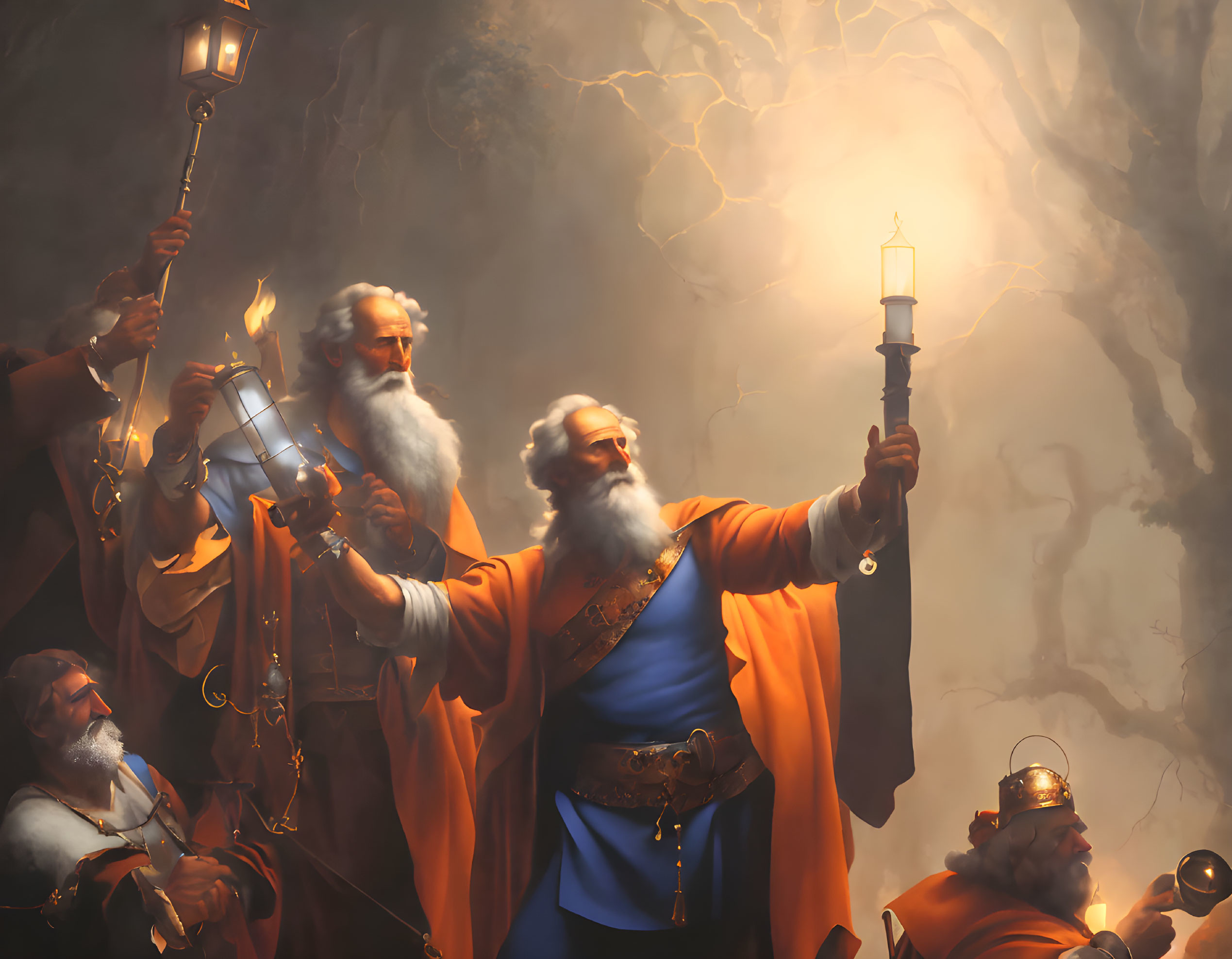 Majestic wizards and warriors with torches in magical mist