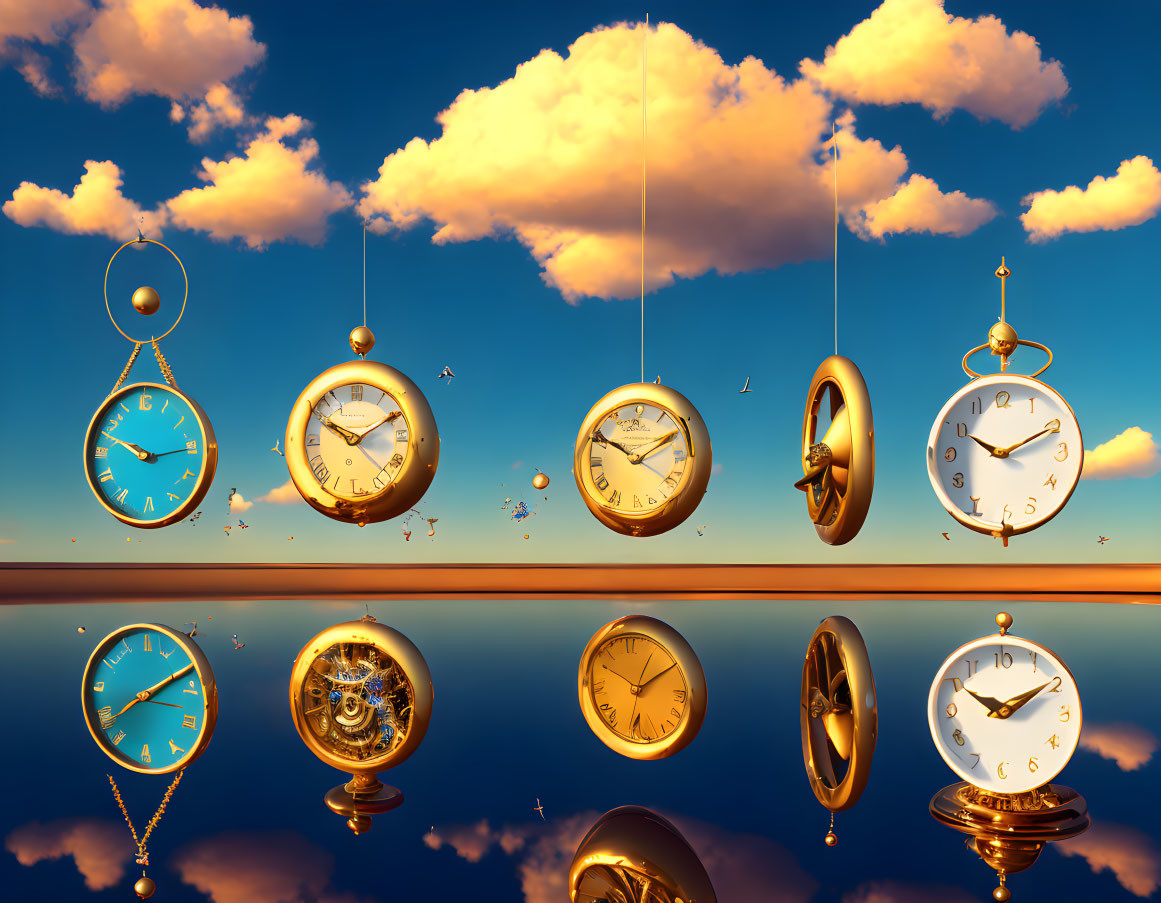 Assorted clocks of different styles reflected on smooth surface against blue sky and clouds