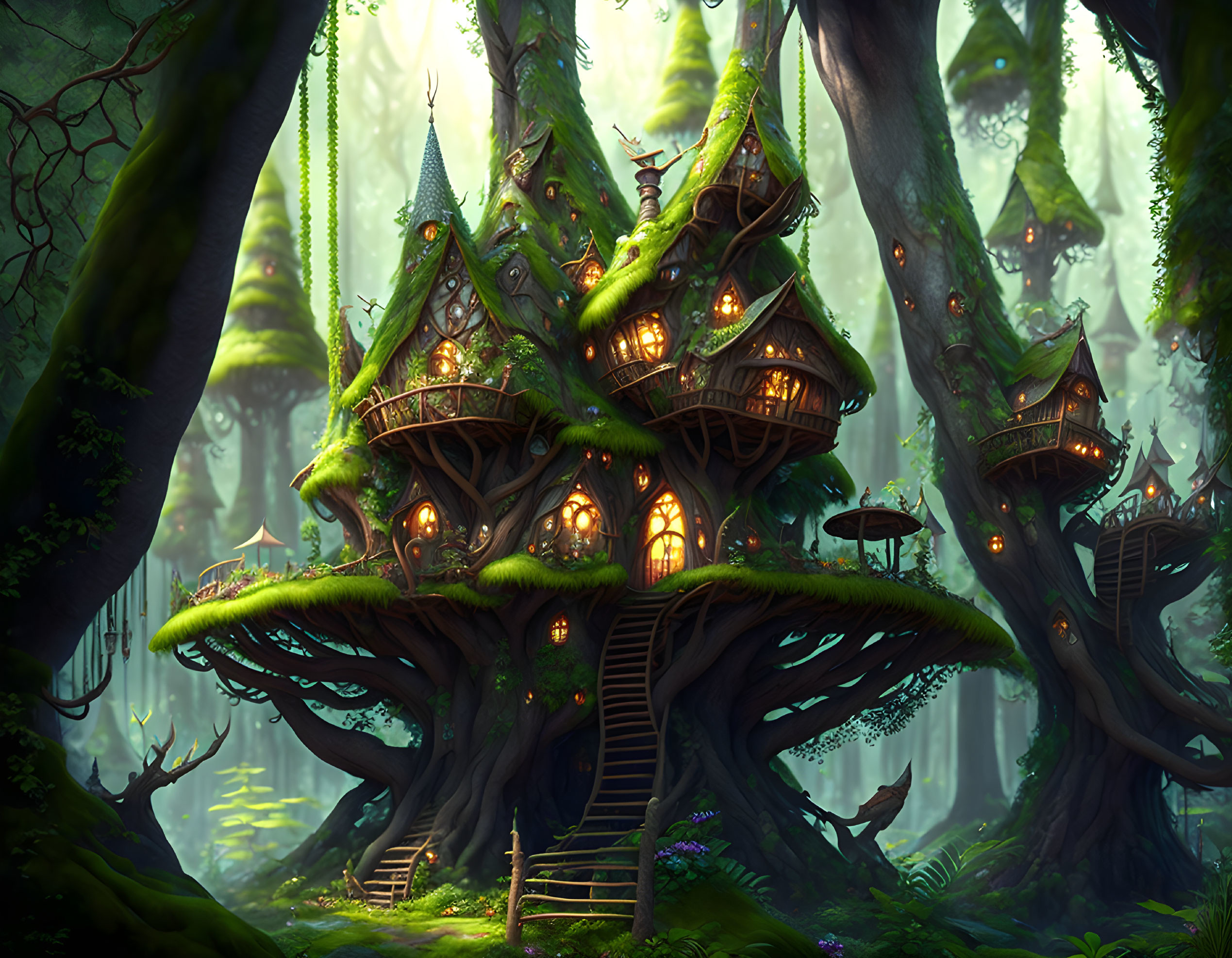 Multi-level glowing window treehouse in misty forest