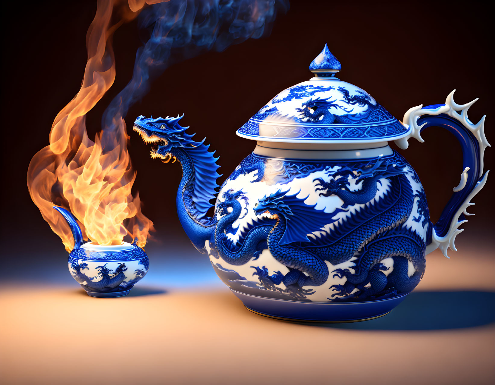 3D rendered image of blue and white porcelain teapot with dragon design and emerging flames