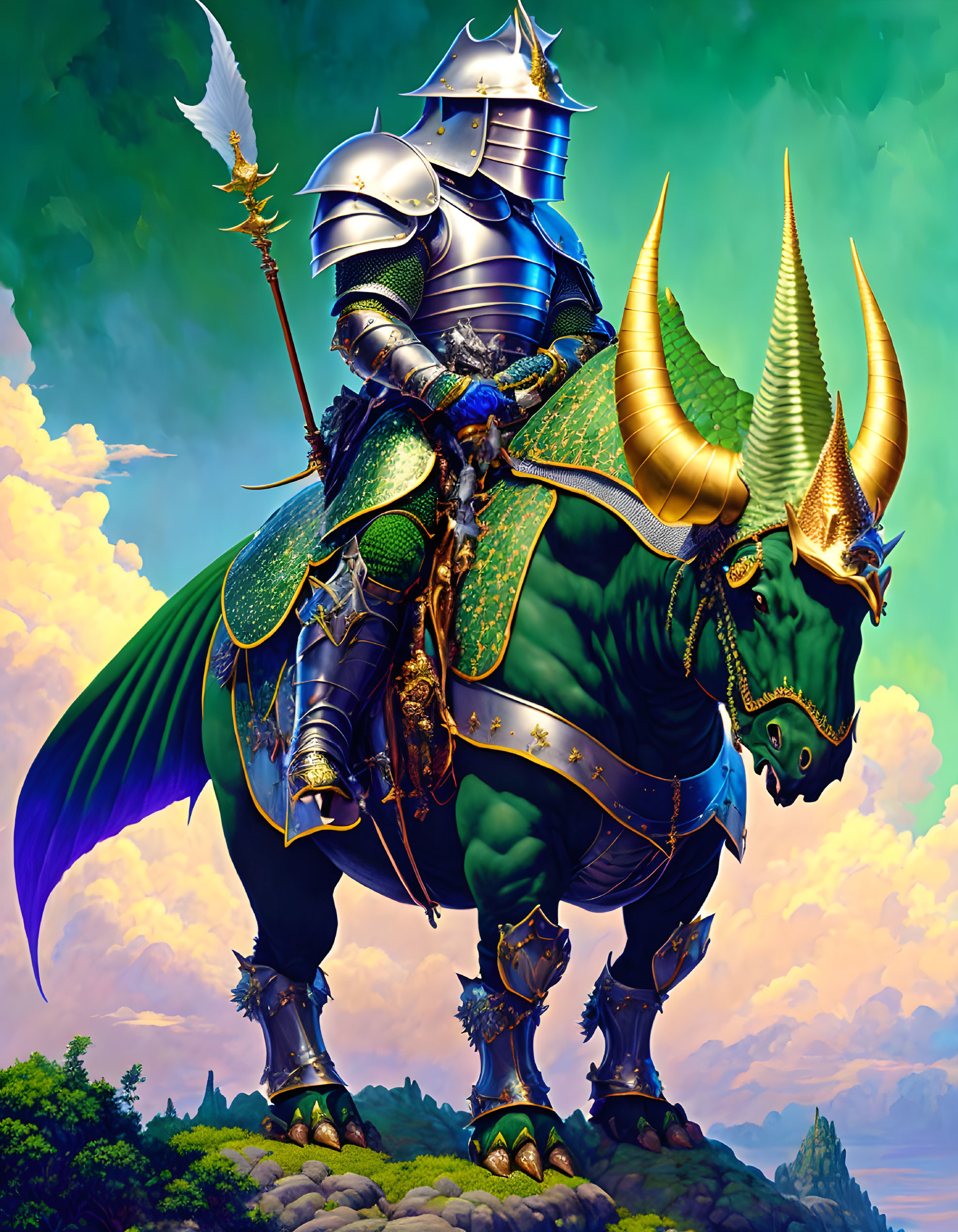 Knight on armored green fantasy creature under vibrant sky