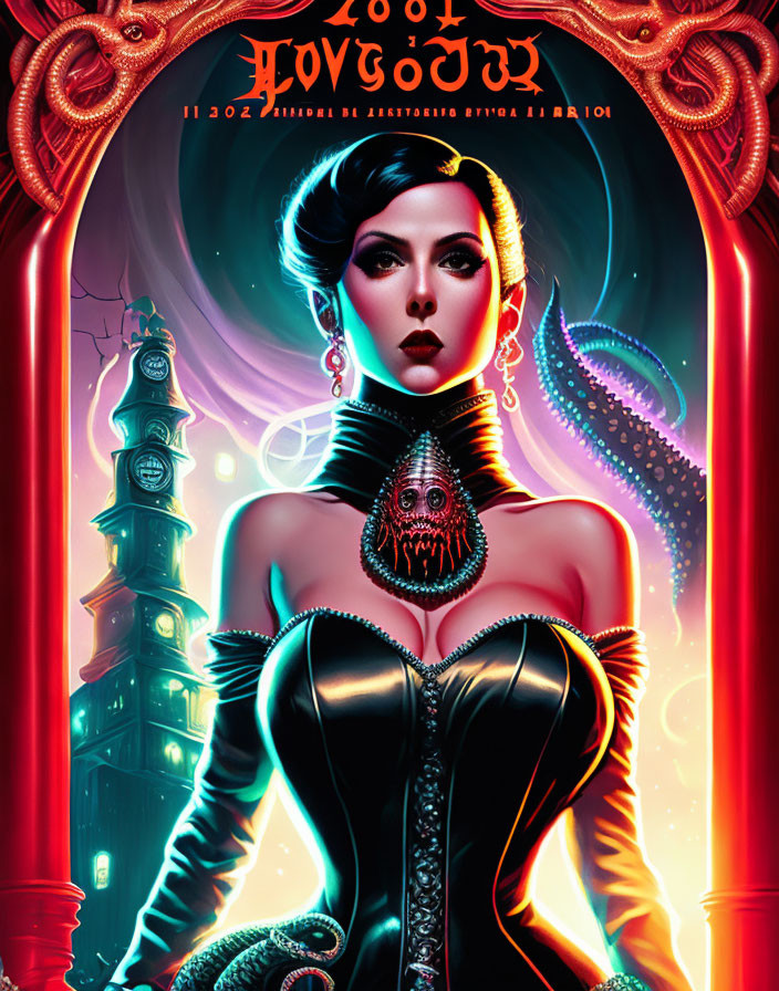 Stylized portrait of a woman with ornate necklace and black corset against mysterious tower and cosmic