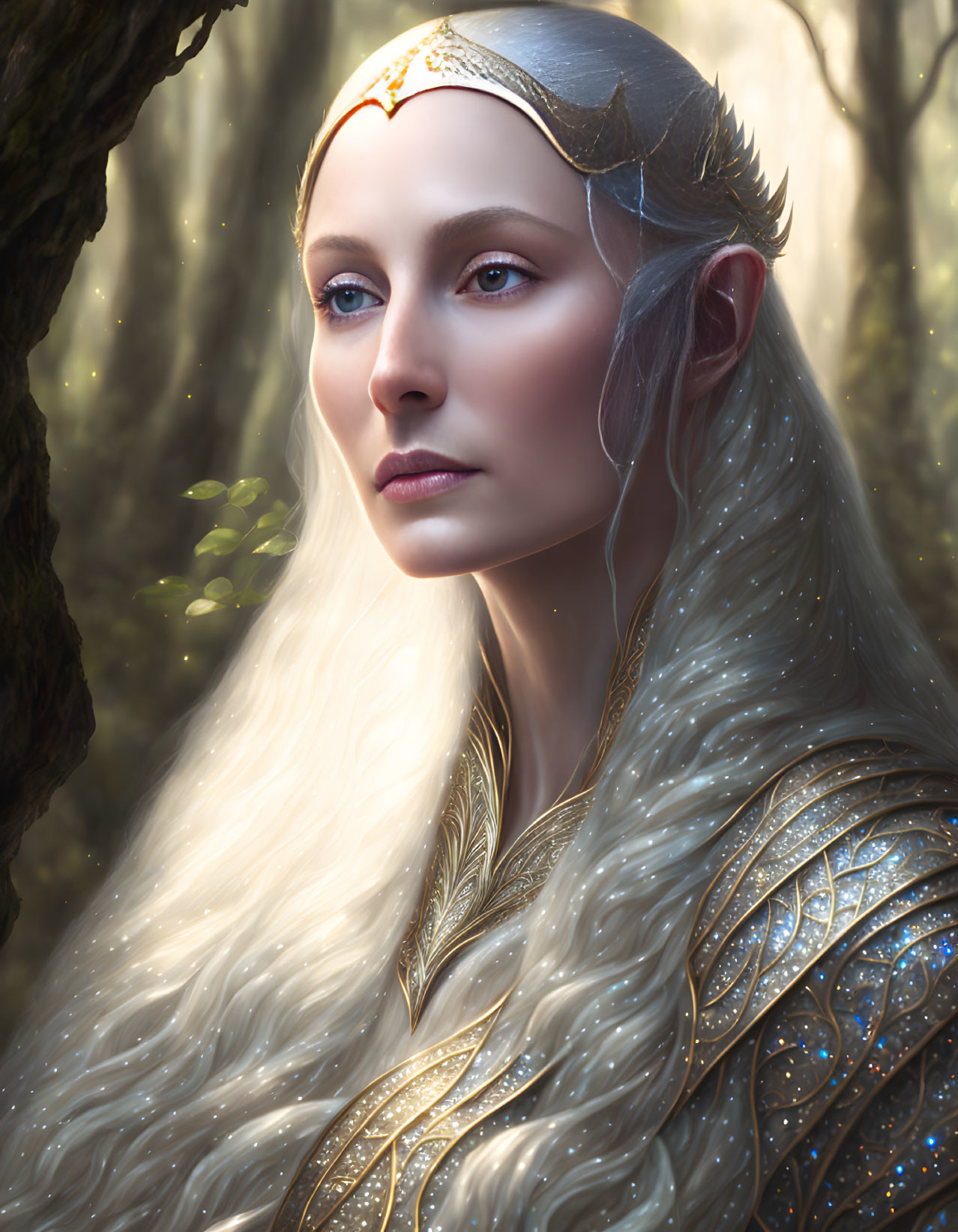 Graceful Elf Portrait in Silver Armor and Golden Tiara in Mystical Forest