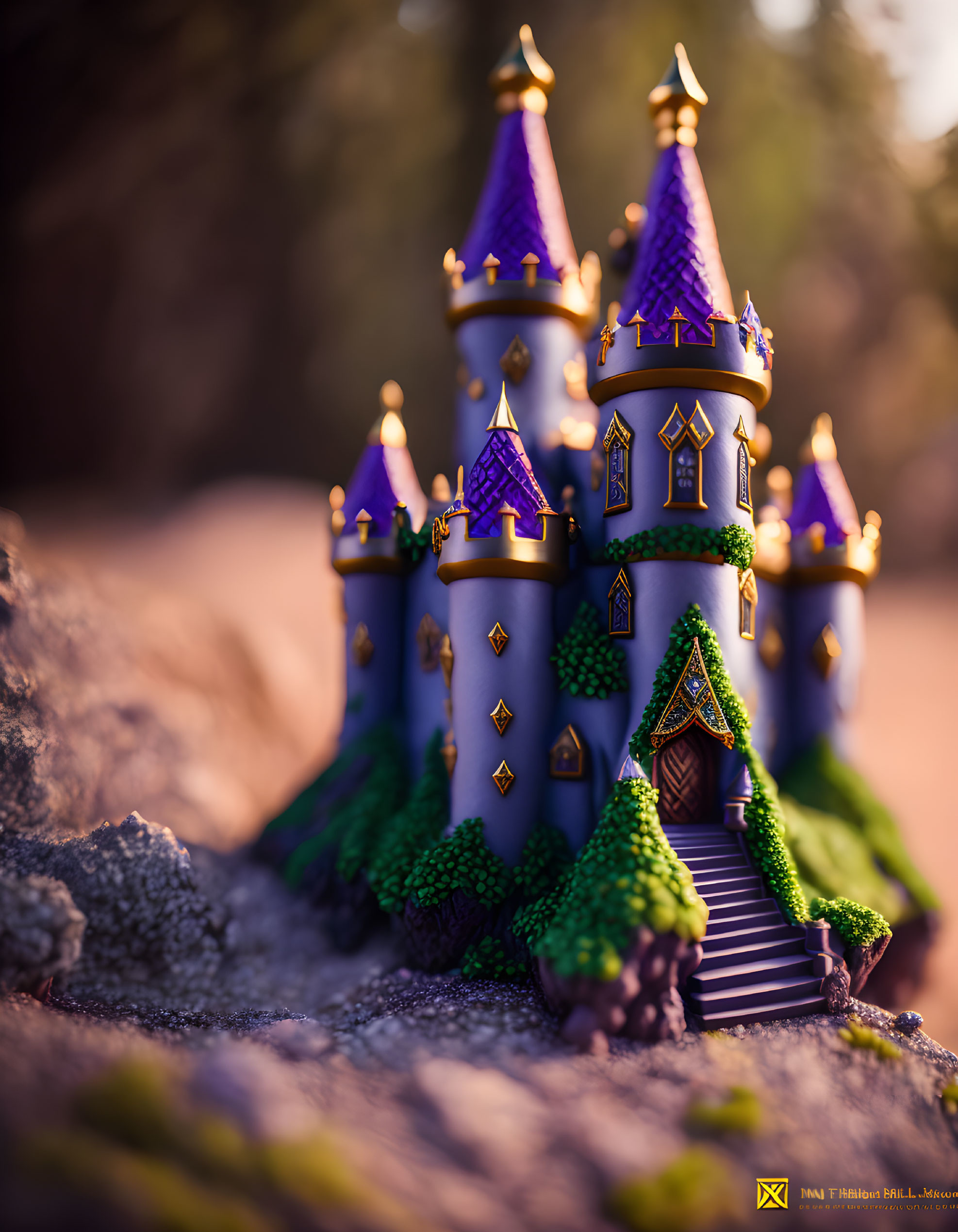 Miniature fairy-tale castle with purple turrets in mossy natural setting