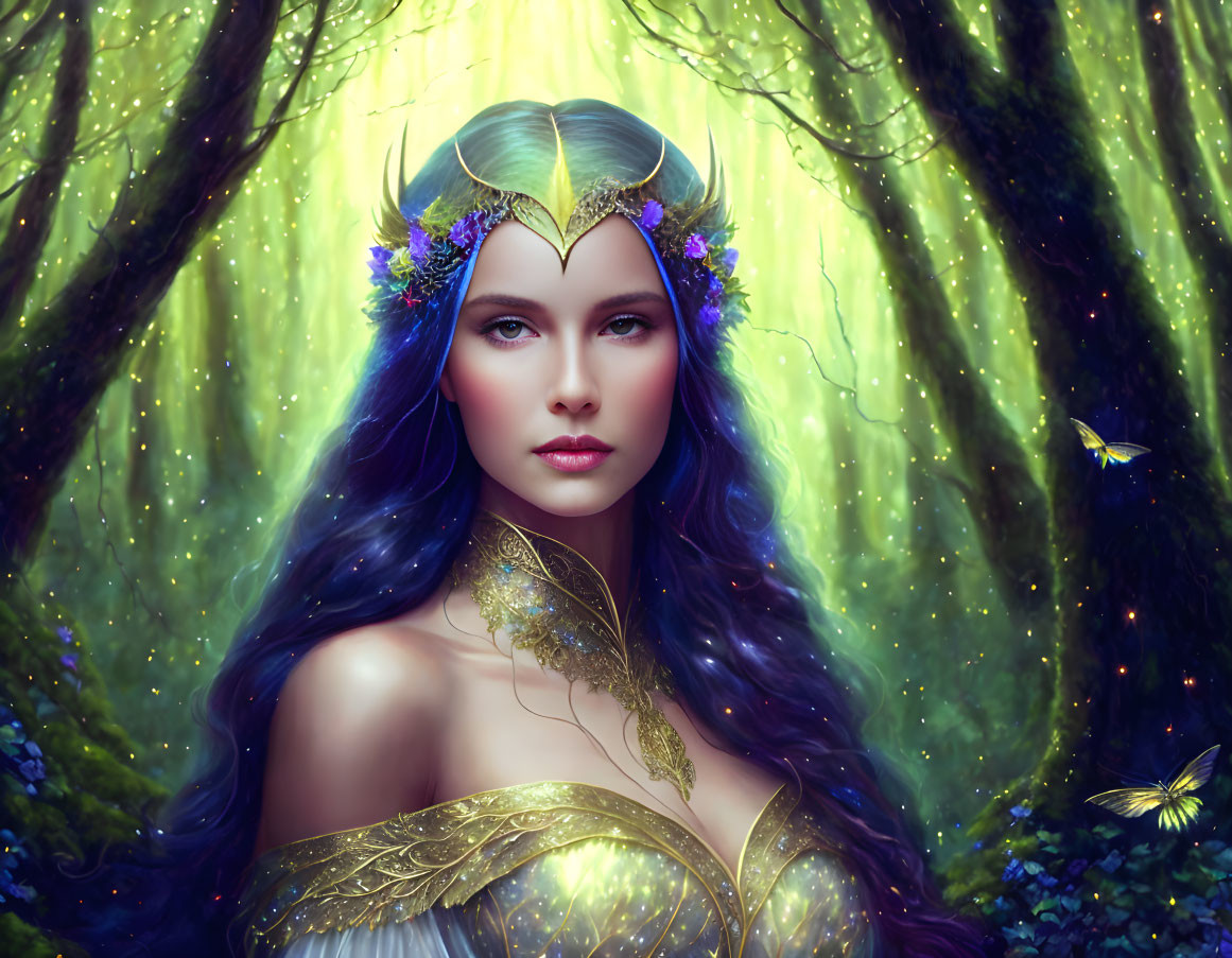 Blue-haired woman with golden tiara in mystical forest with butterflies