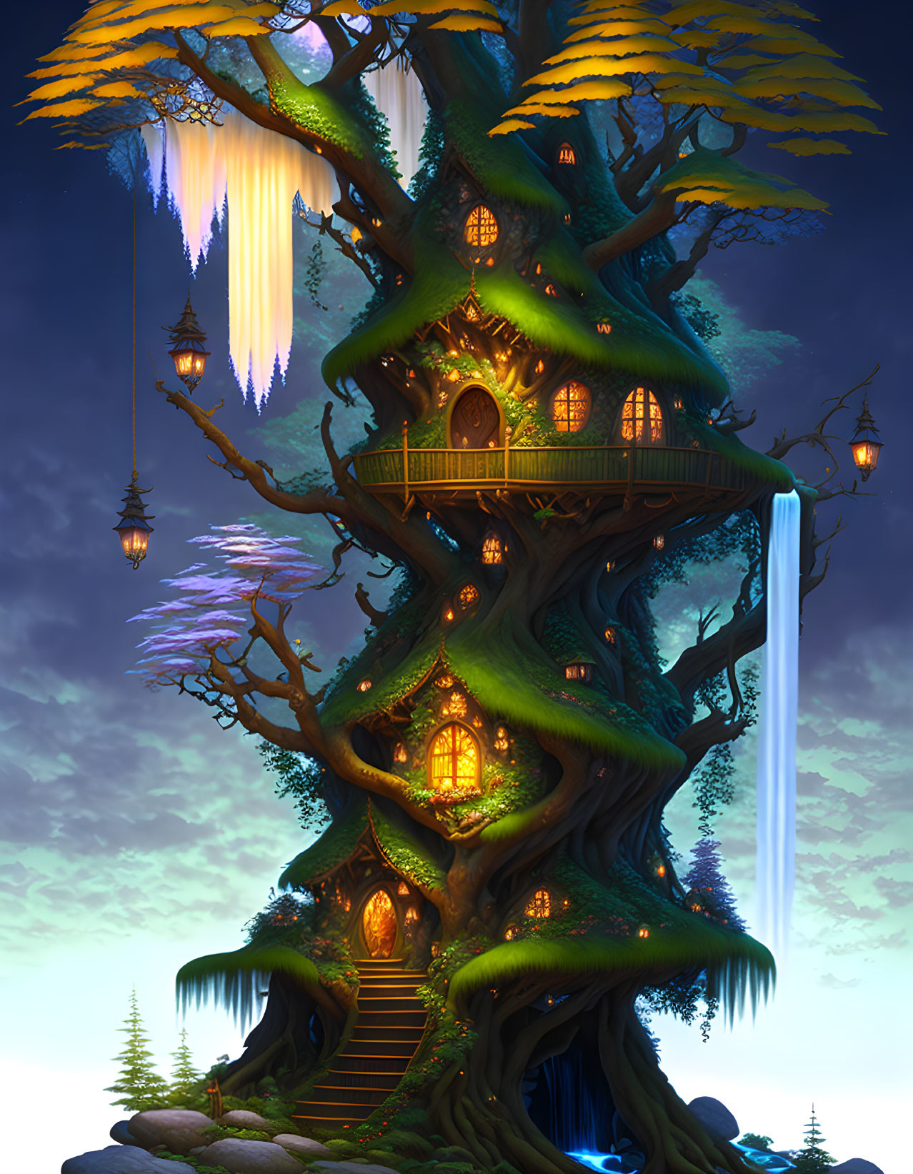 Mystical treehouse with golden-lit windows, waterfall, and lanterns at twilight