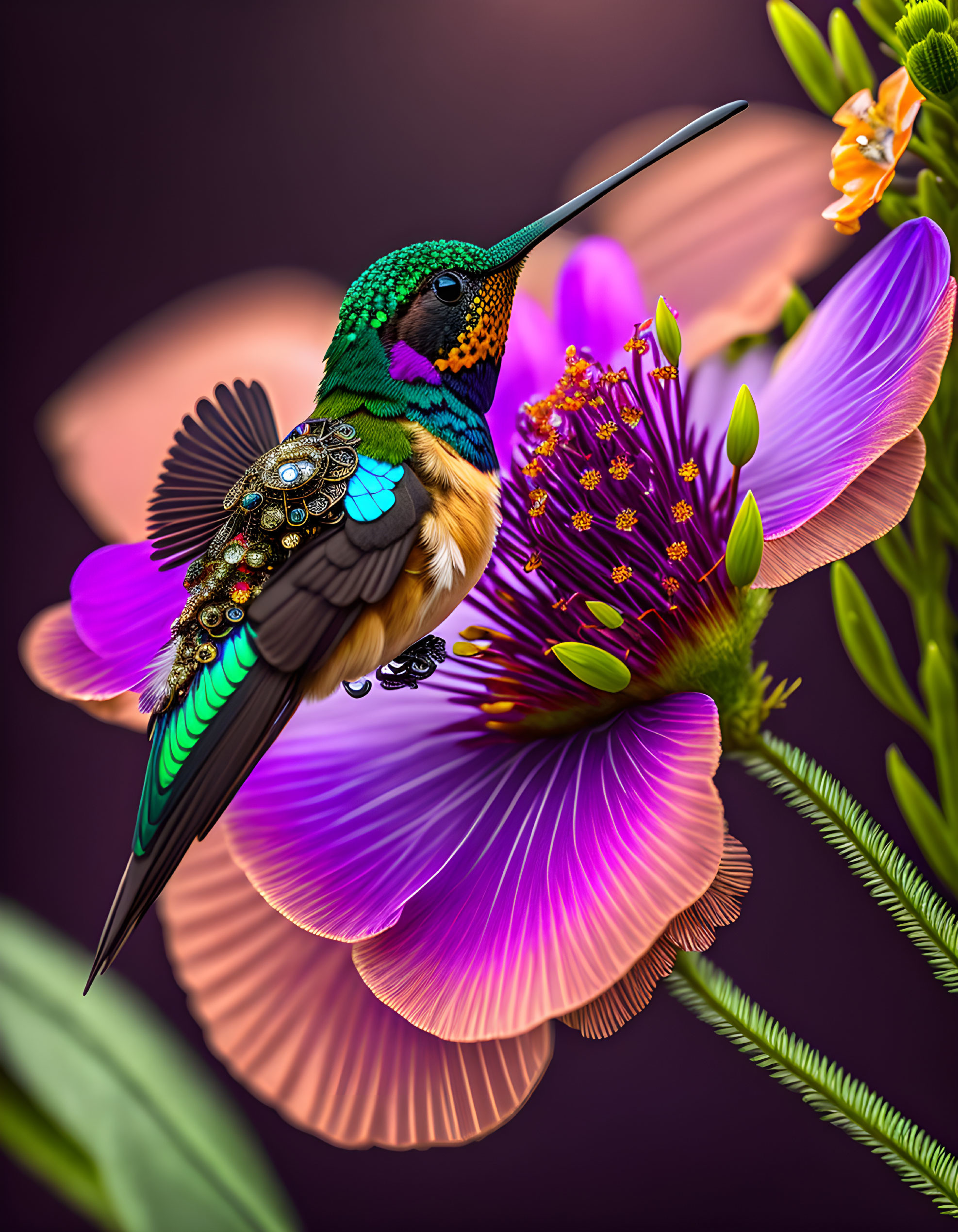 Colorful hummingbird near purple flower on blurred background