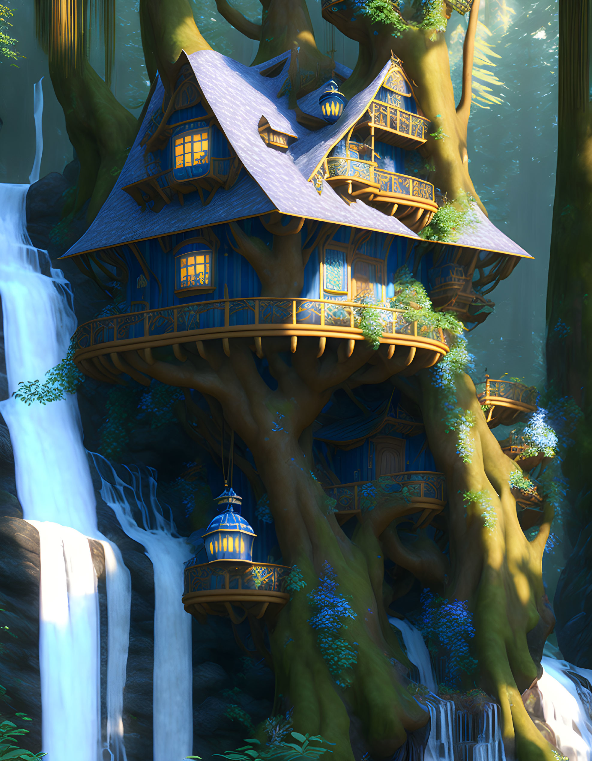 Blue multi-story treehouse in lush forest with waterfall