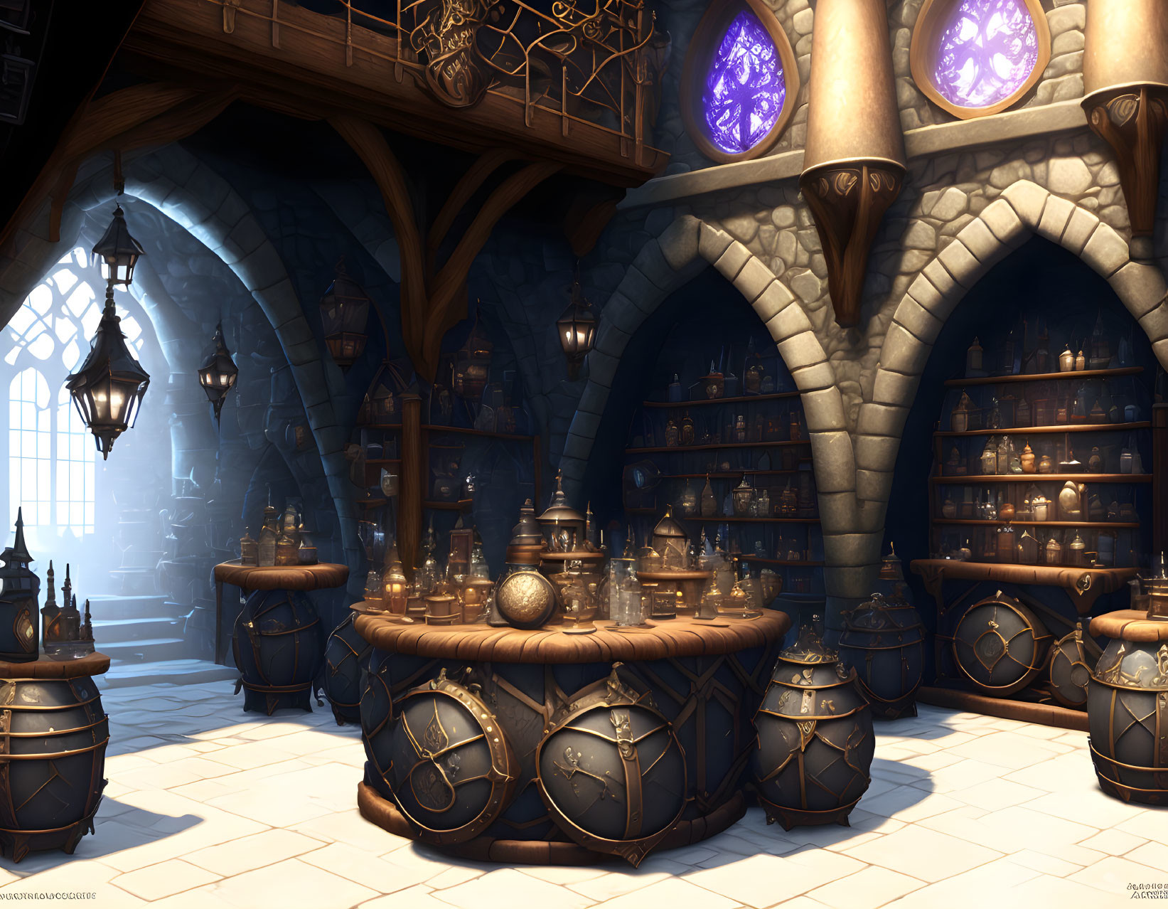 Mystical Potion Shop Interior with Glowing Orbs and Magical Artifacts