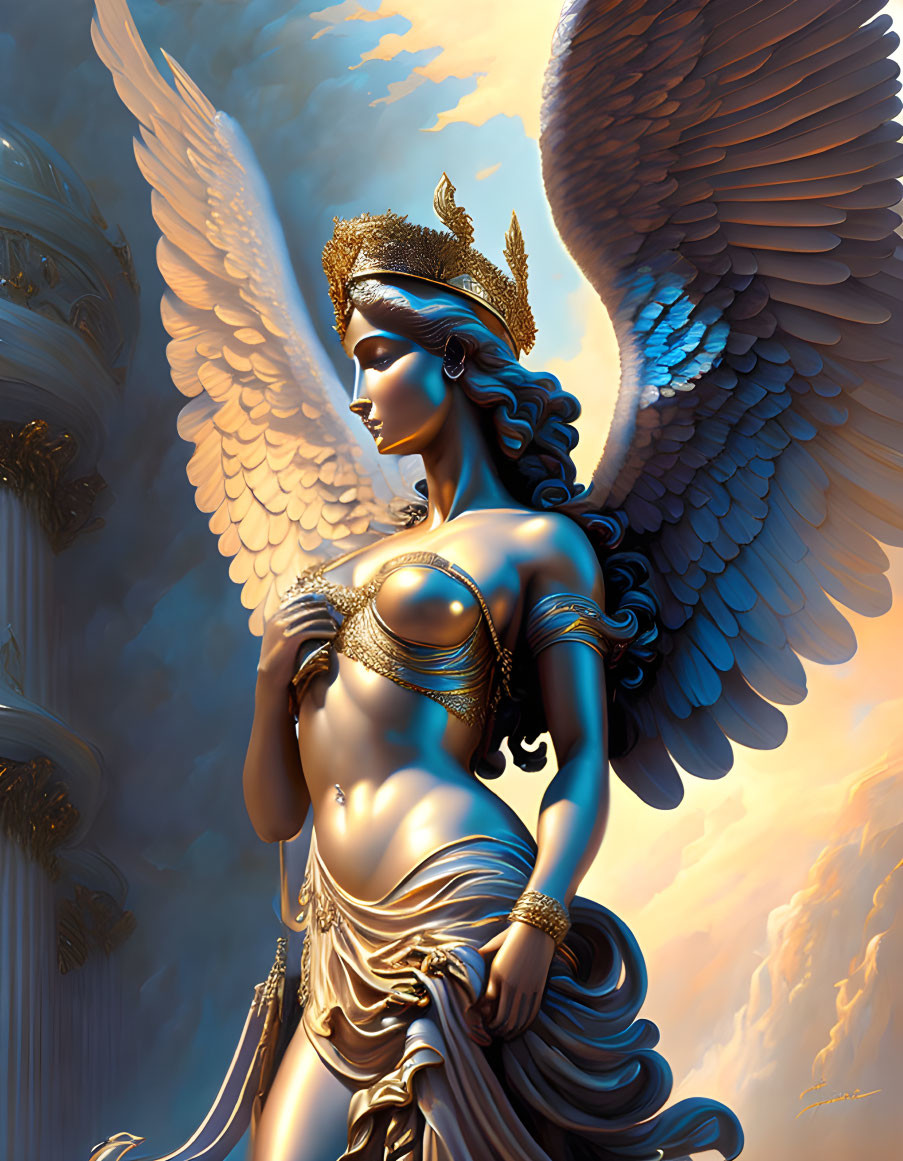 Majestic winged figure with golden crown and jewelry in flowing skirt