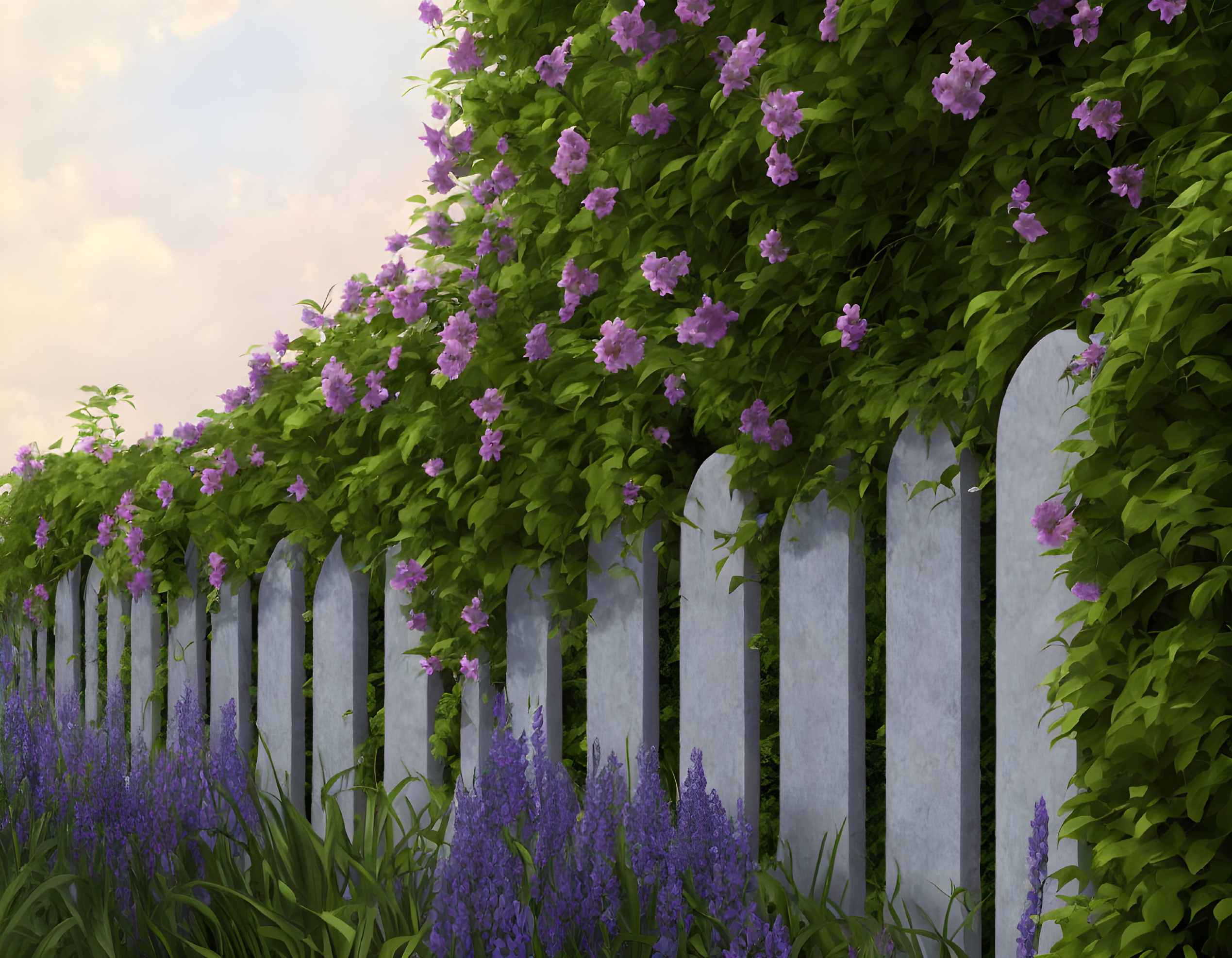 White Picket Fence with Green Foliage and Purple Flowers