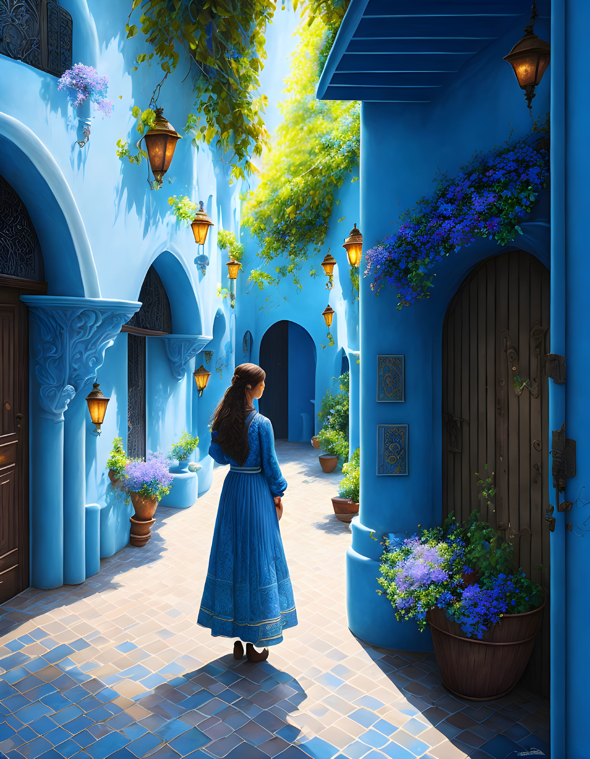 Woman in Blue Dress in Vibrant Blue Alley with Flowers and Lanterns